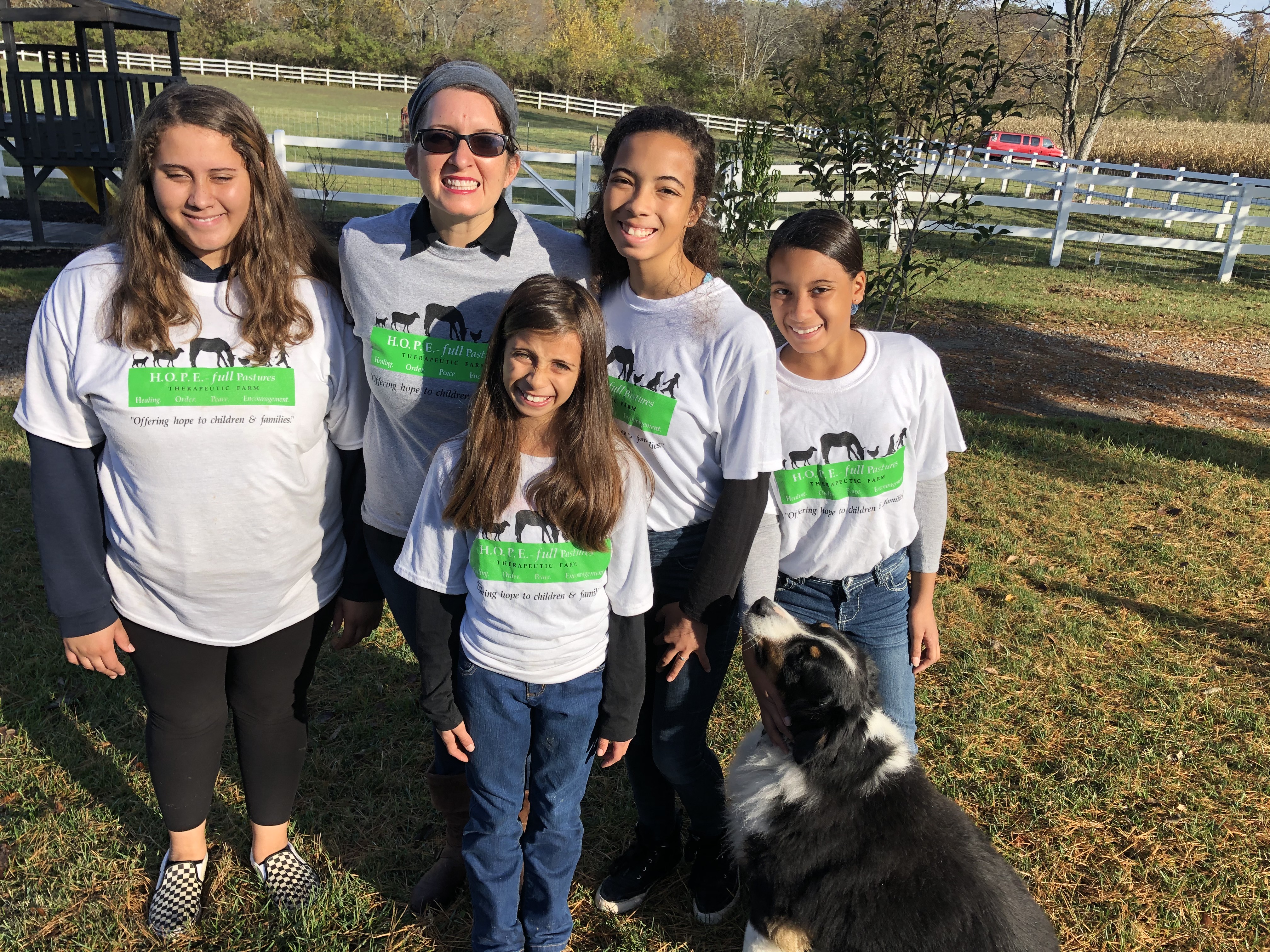 Christa Carrero, 41, recently opened Healing Order Peace Encouragement (HOPE)-Full Pastures Therapeutic Farm on six acres on Ross Hanover Road. She is pictured with four of her five daughters, from left: Juliana, Sofiana, Soliana and Luciana. RICK McCRABB/STAFF