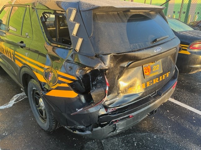 A Greene County Sheriff's Office cruiser was hit while a deputy was investigating a crash Monday night on state Route 72 near Clifton. Photo courtesy the Greene County Sheriff's Office.