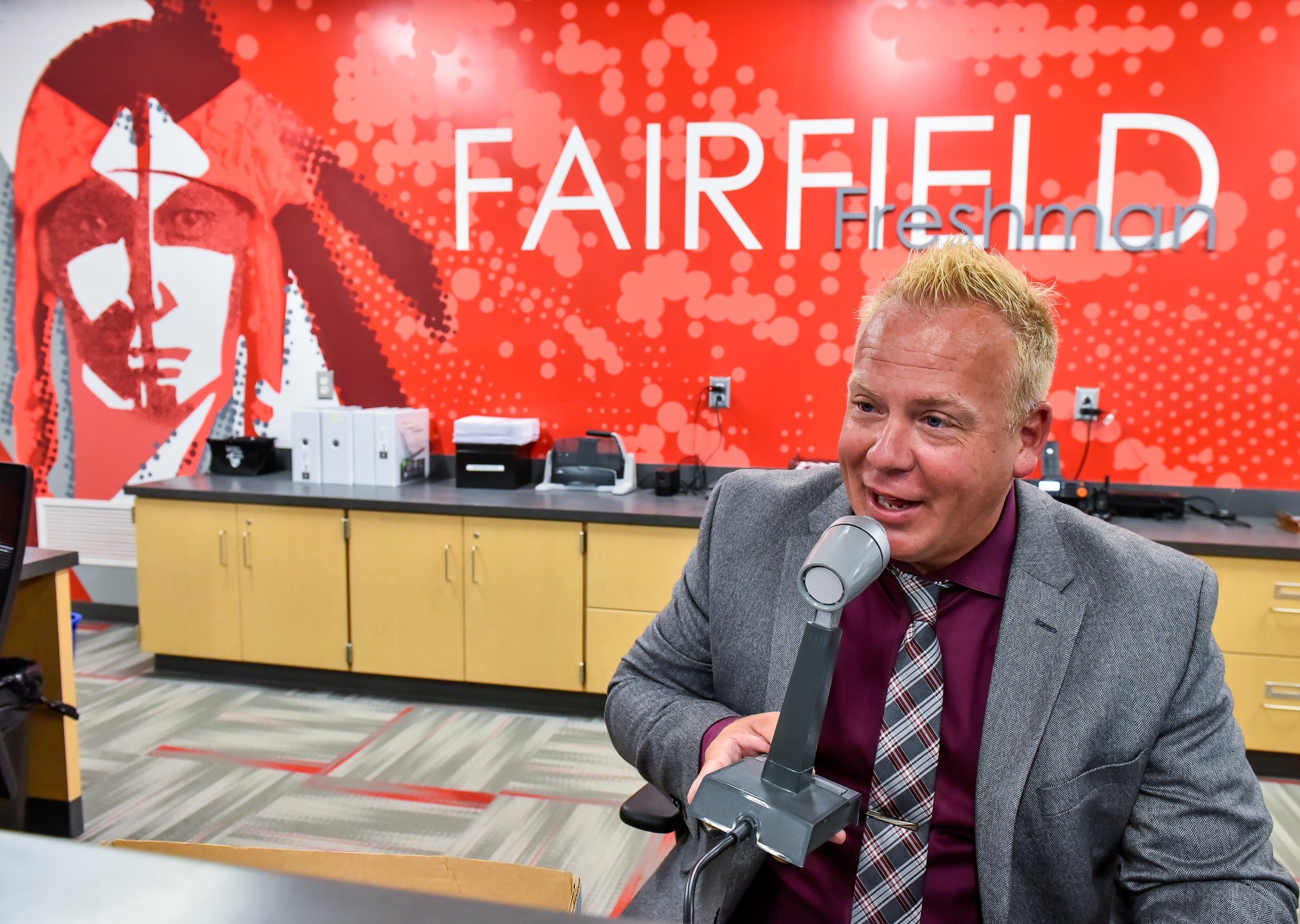 Principal Michael Berkemeier makes the first announcements at the new Fairfield Freshman School on Tuesday, Sept. 5, in Fairfield.
