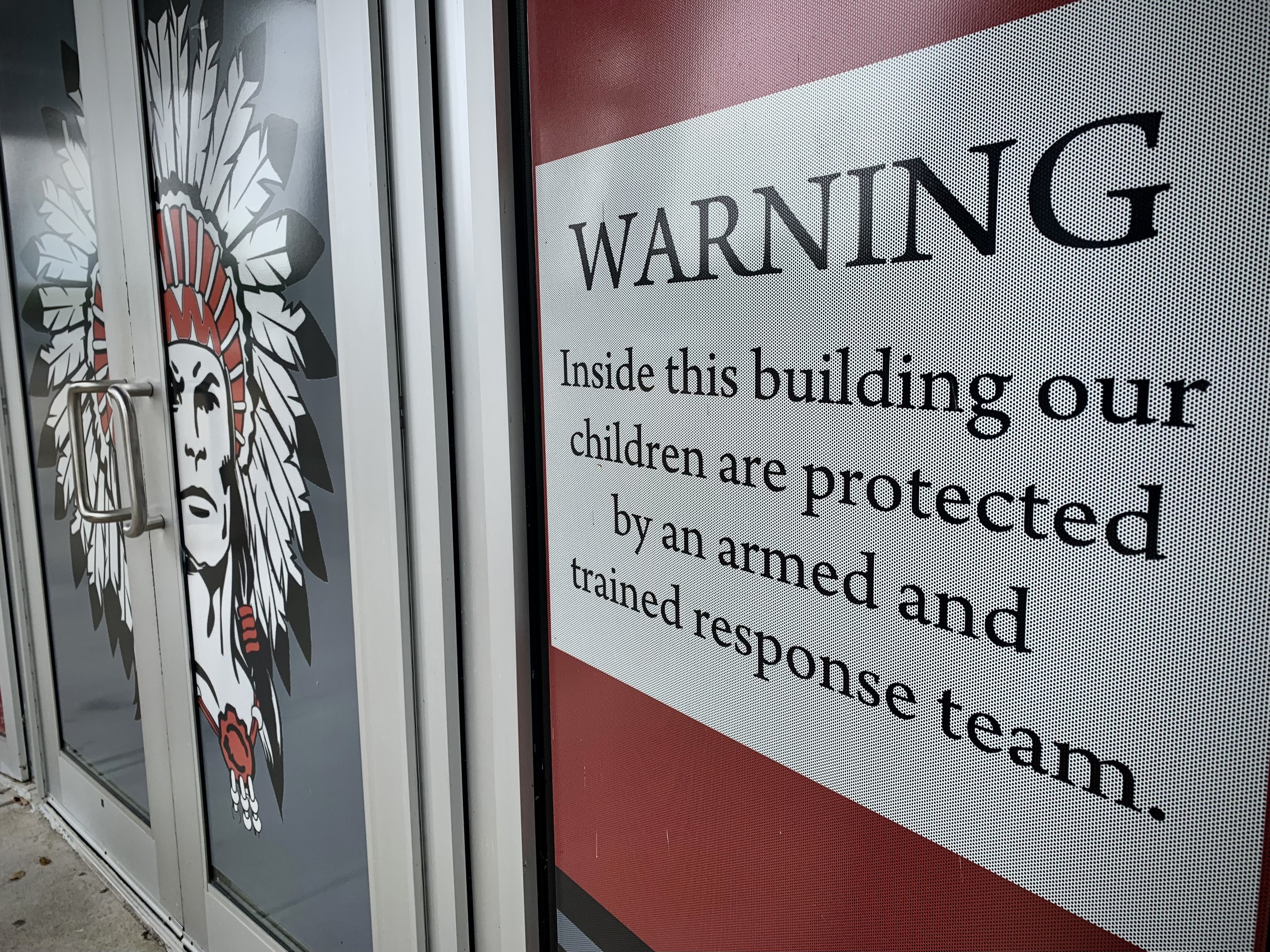 The warning sign you see entering Stebbins High School.  Mad River School district staff members volunteered to be an armed and trained response team and were approved by the district administrators as well as law enforcement.  MARSHALL GORBYSTAFF