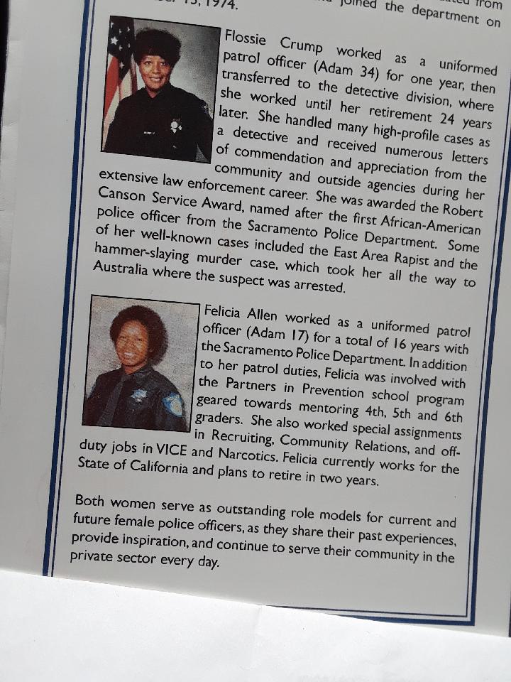 Flossie Crump and Dayton native Felicia Allen became the first women sworn in as police officers in Sacramento, Calif in 1974. The atrium at the police department's headquarters was recently dedicated in their honor.