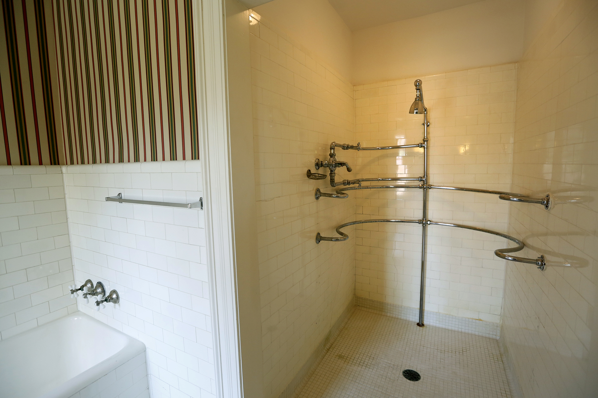In the past visitors to Hawthorn Hill have been told Orville Wright designed the shower contraption in his bathroom. Sorry, but thatâs not true. The American Standard âneedle showerâ was installed to help Wright soothe his aching body. Originally the plumbing fixture had four wrap around pipes that jets of water shot from. Though itâs not a Wright invention, itâs still a fascinating piece of early plumbing predominately found in the homes of the wealthy of that era. LISA POWELL / STAFF