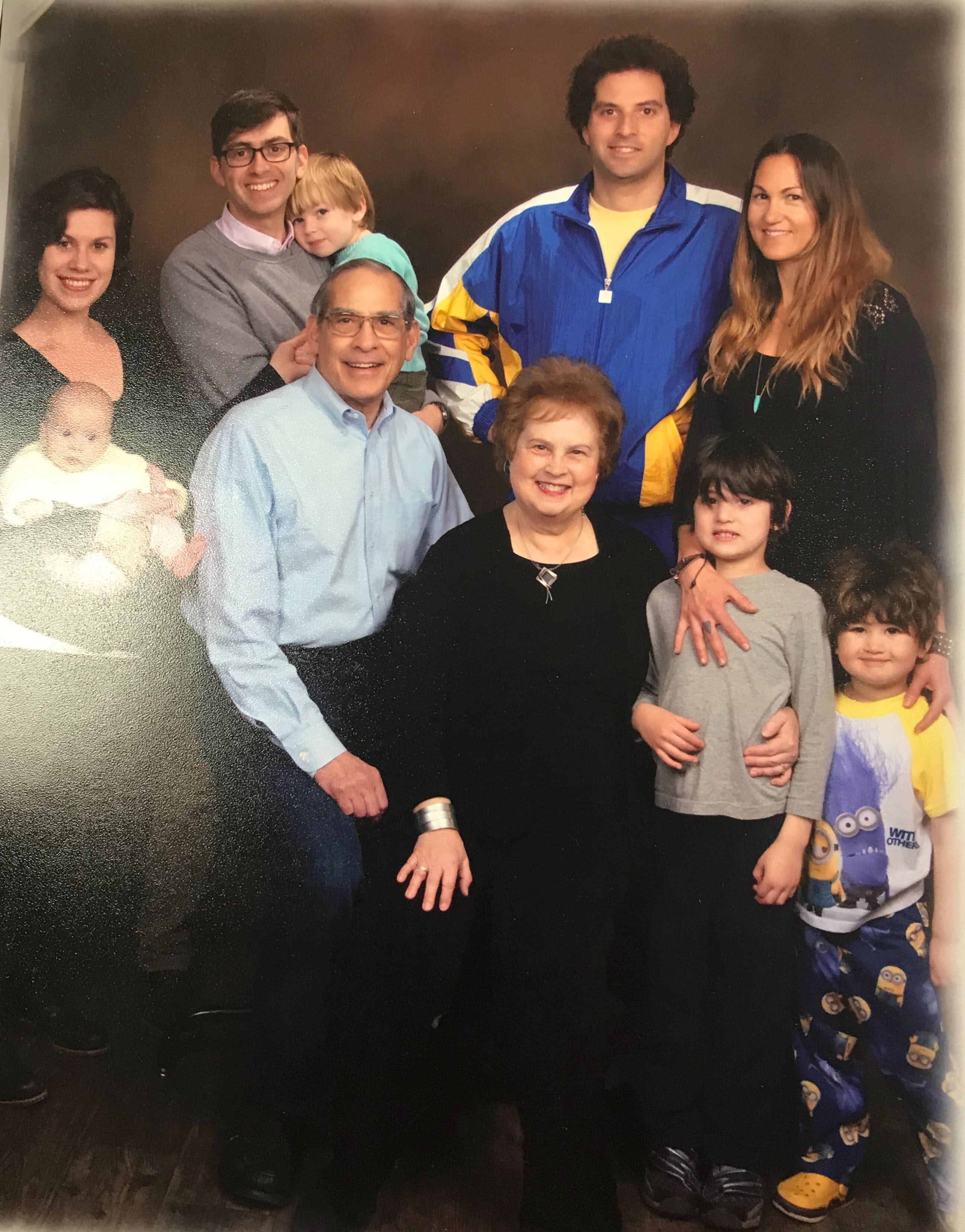 Meredith (Moss) and Jim Levinson with their grandchildren and sons and daughters in laws, Stephen and Hannah Levinson and Joel and Randy Levinson.