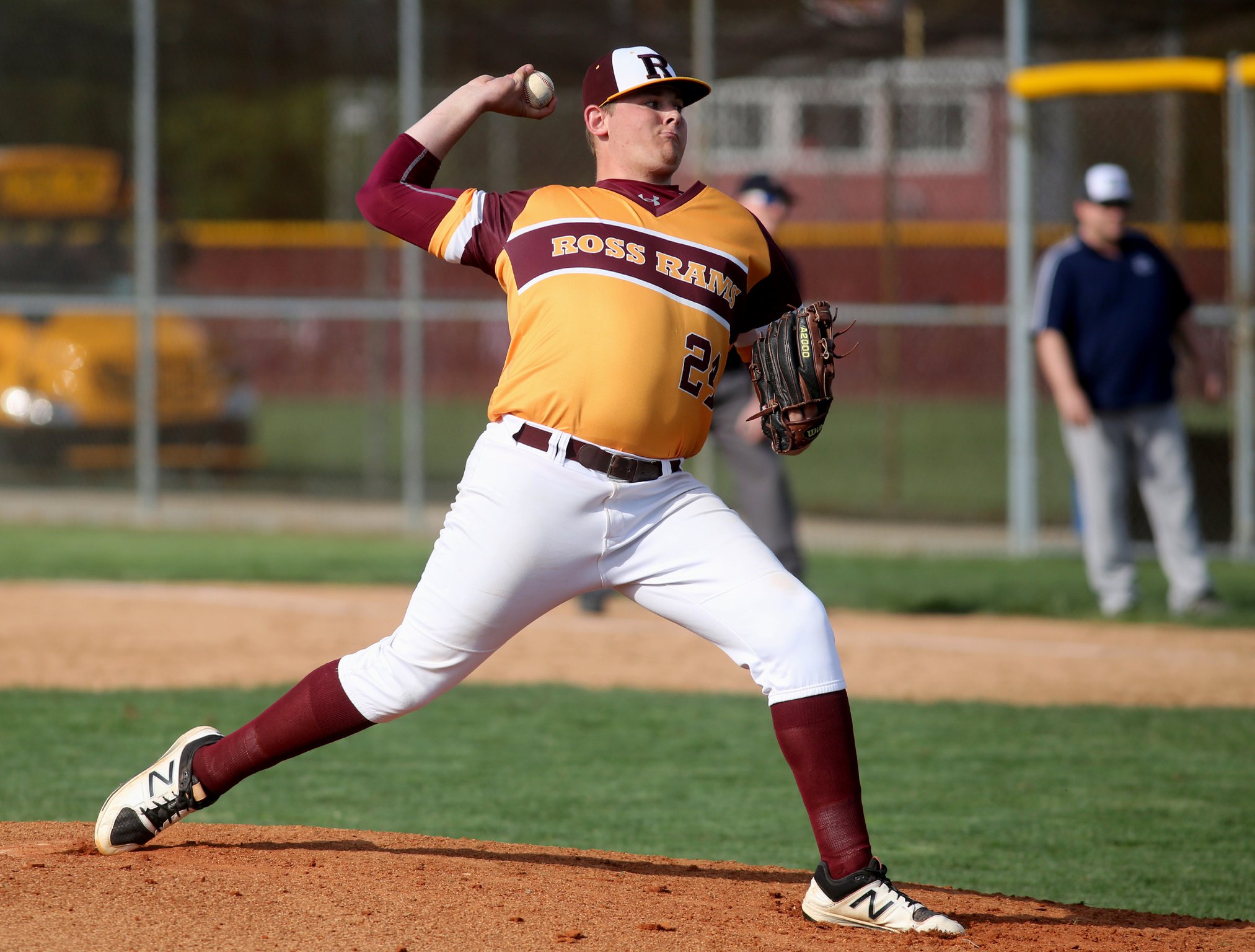 Drew Huffman of Ross delivers a pitch during Wednesday’s game against visiting Edgewood. Huffman threw a no-hitter in the Rams’ 5-0 win. CONTRIBUTED PHOTO BY E.L. HUBBARD