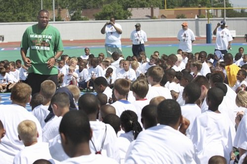 Martin Bayless addresses the kids during the Martin Bayless free football camp at Welcome Stadium on Sunday, June 8, 2008. DDN FILE