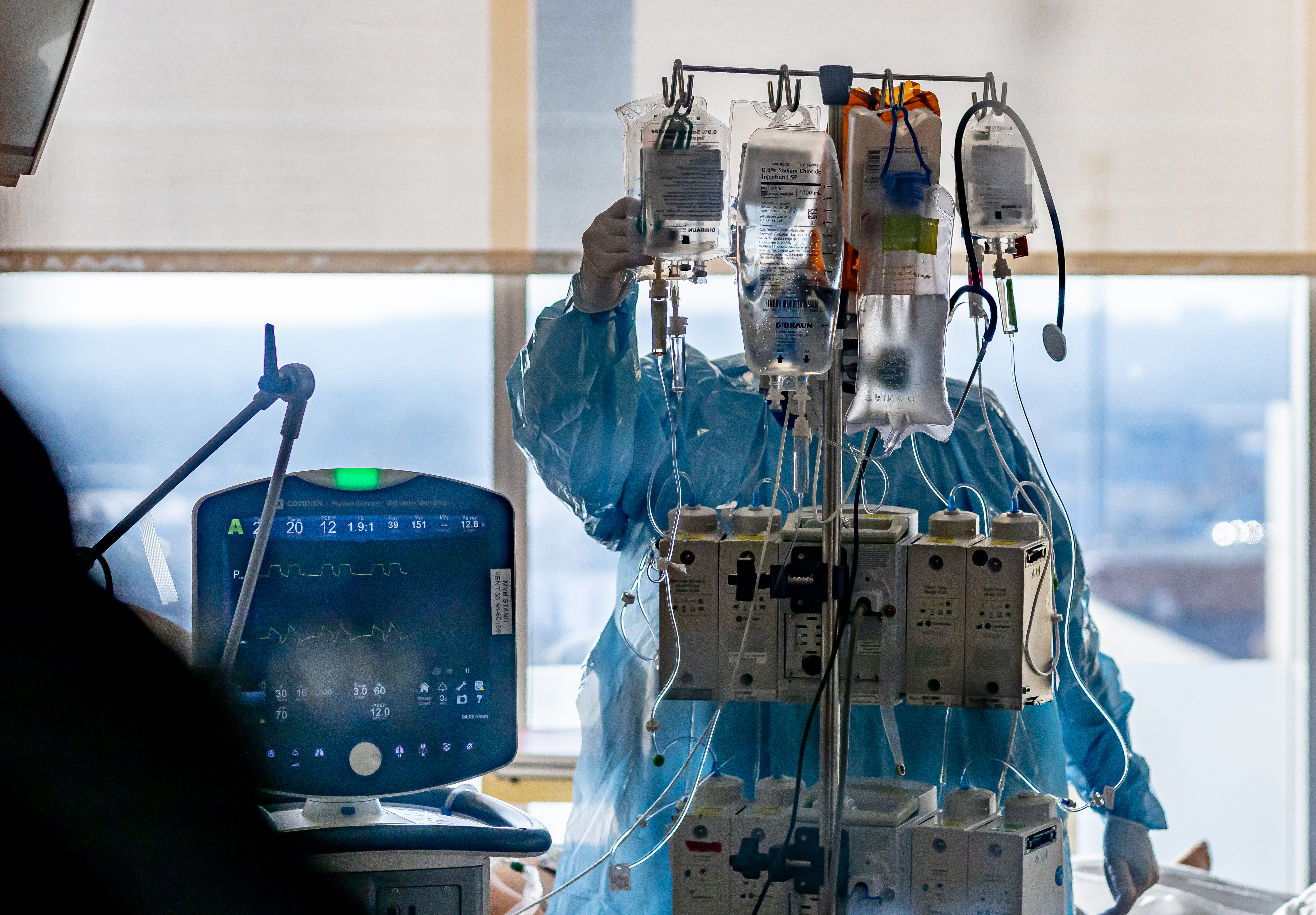 Miami Valley Hospital medical staff working in full PPE gear in a COVID-19 patient room. CONTRIBUTED BY PREMIER HEALTH