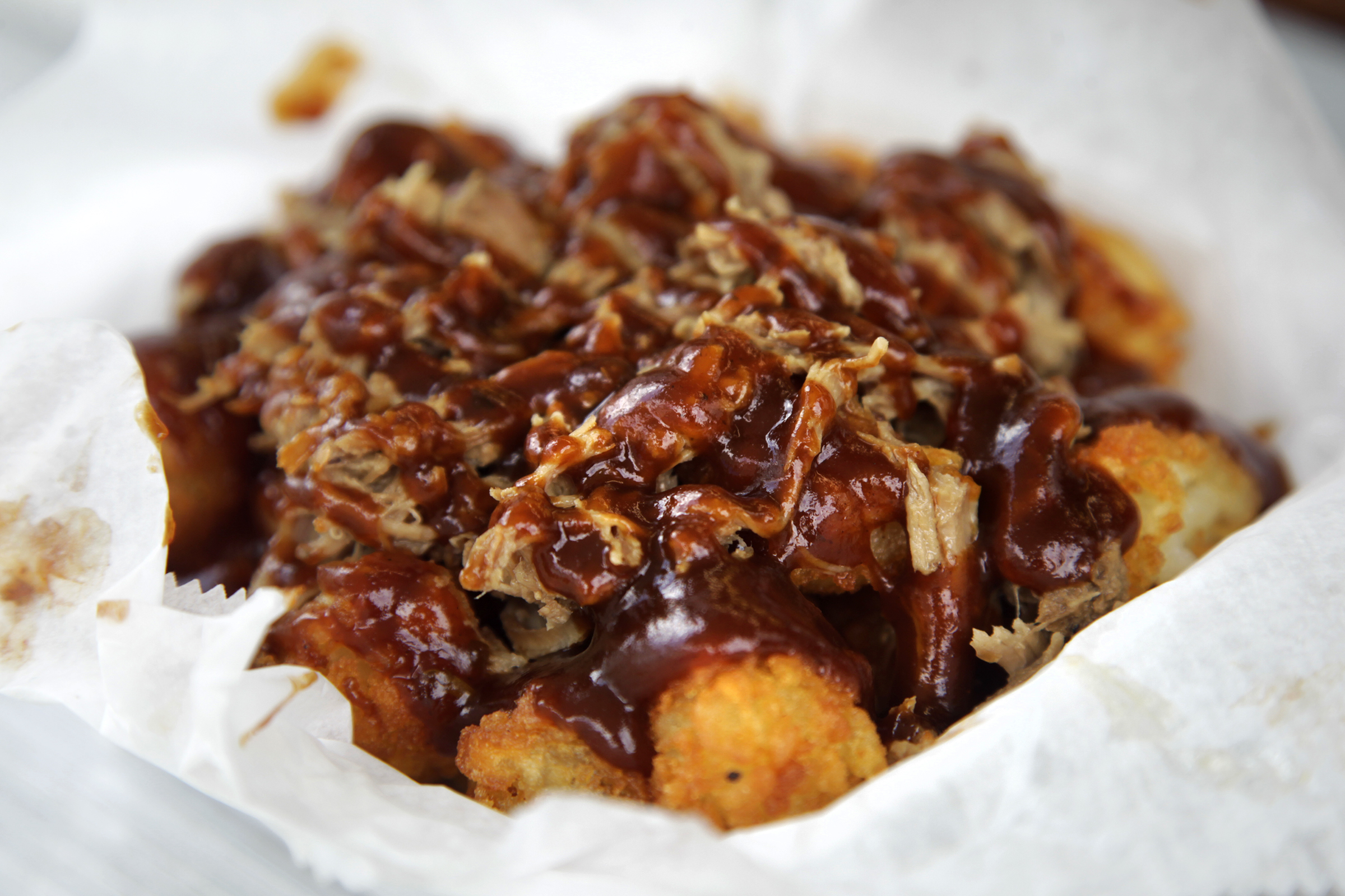 Hillbilly Tots at Underdogs Mobile are topped with smoked pulled pork and BBQ sauce. LISA POWELL / STAFF