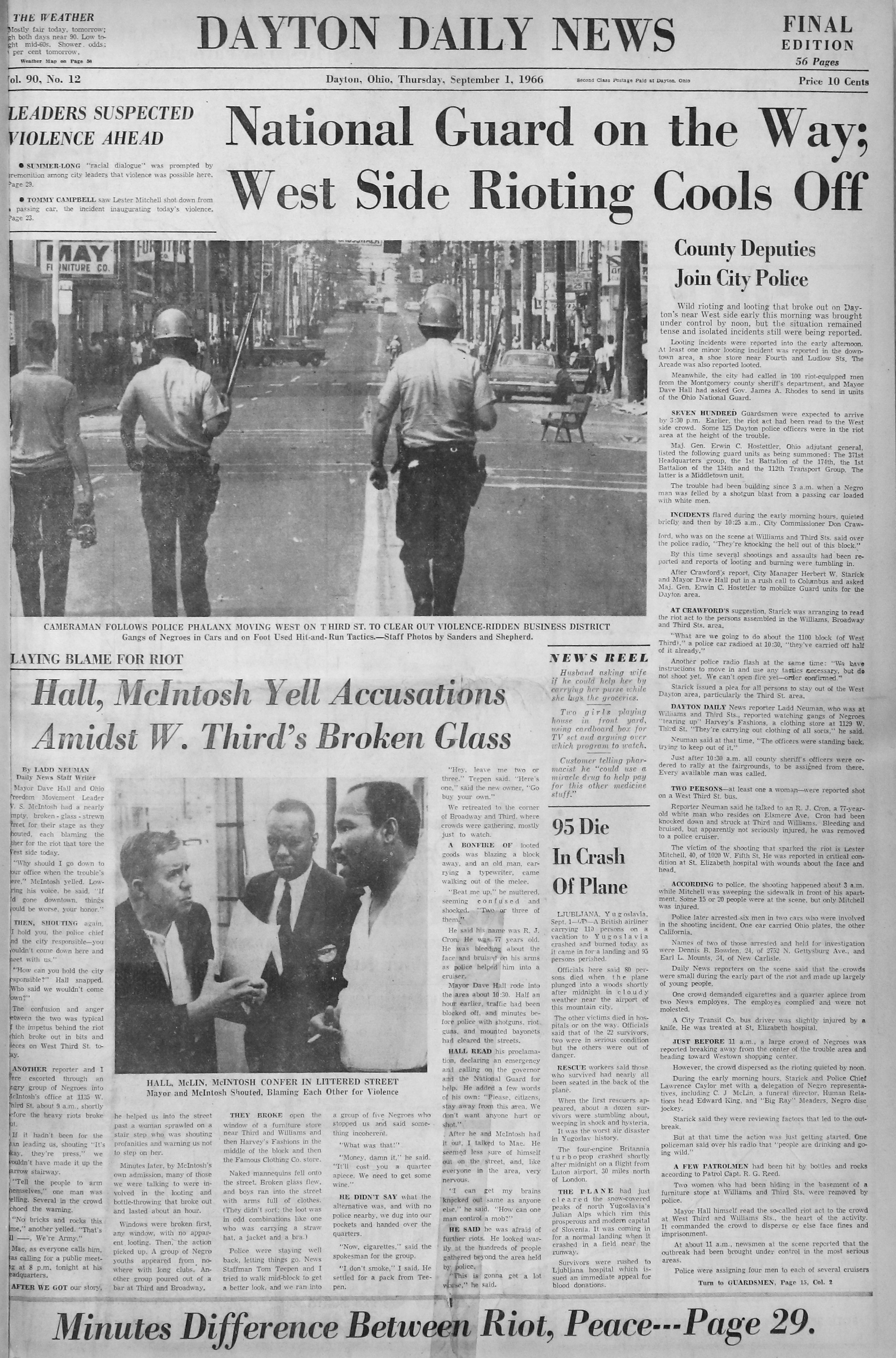 September 1, 1966: The front page of the Dayton Daily News covering the riots in West Dayton of 1966. VIEW THE FULL-SIZE PAGE: https://www.daytondailynews.com/rw/Pub/p9/DaytonDailyNews/2018/08/14/Images/1966_09_01.jpg