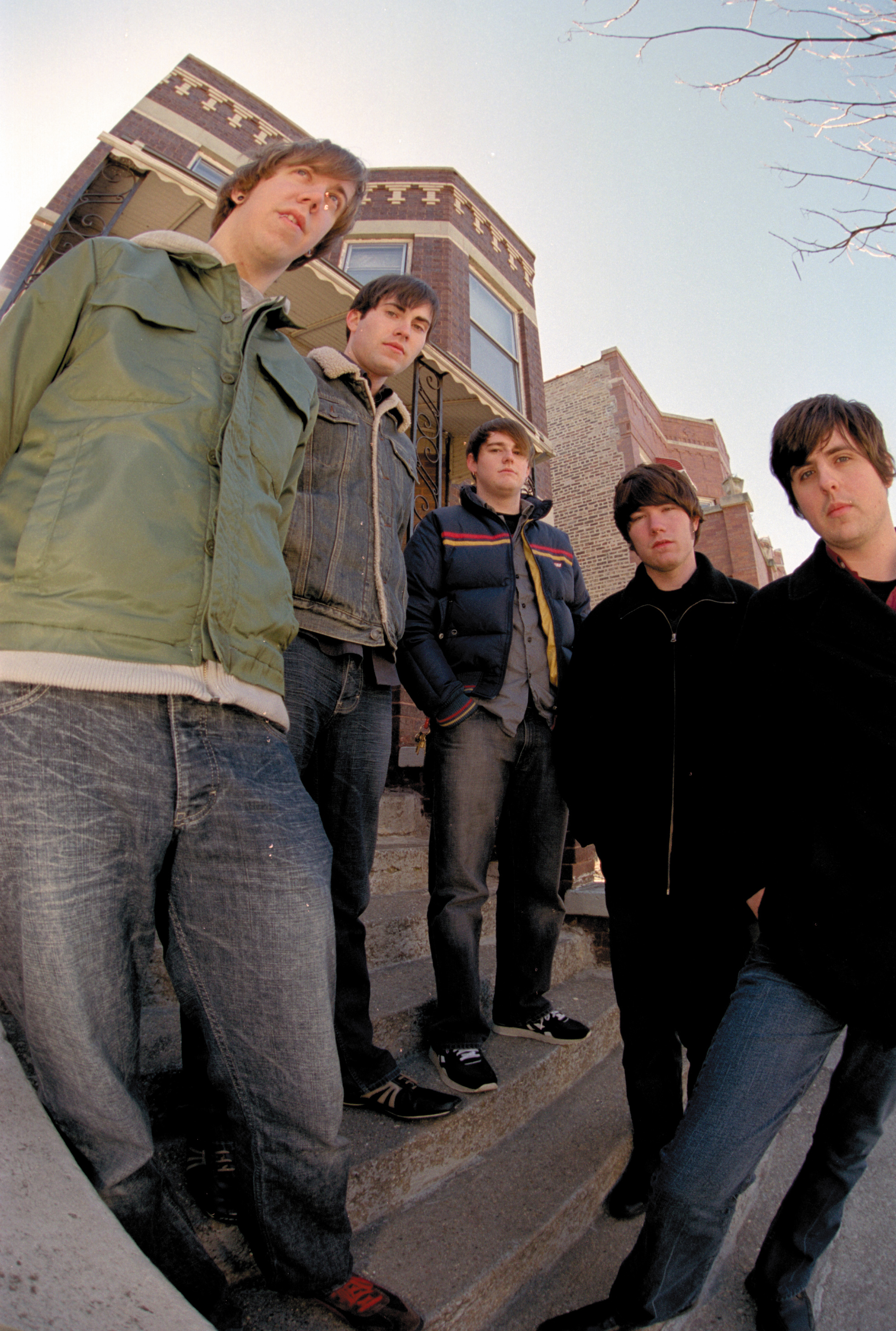 Hawthrone Heights band in a 2005 promotional photograph. From left to right are Casey Calvert, Eron Bucciarelli, Matt Ridenour, JT Woodruff and Micah Carli.
