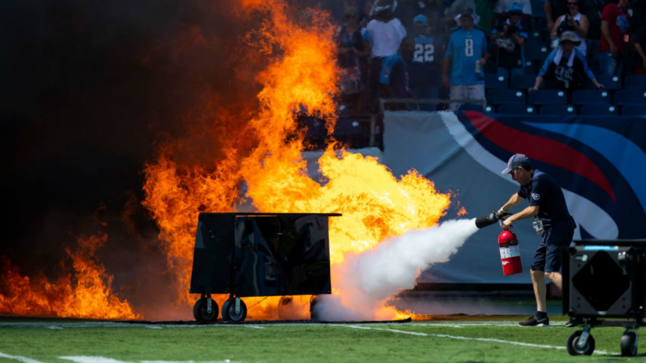 Pregame pyrotechnics spark fire on field before Titans game