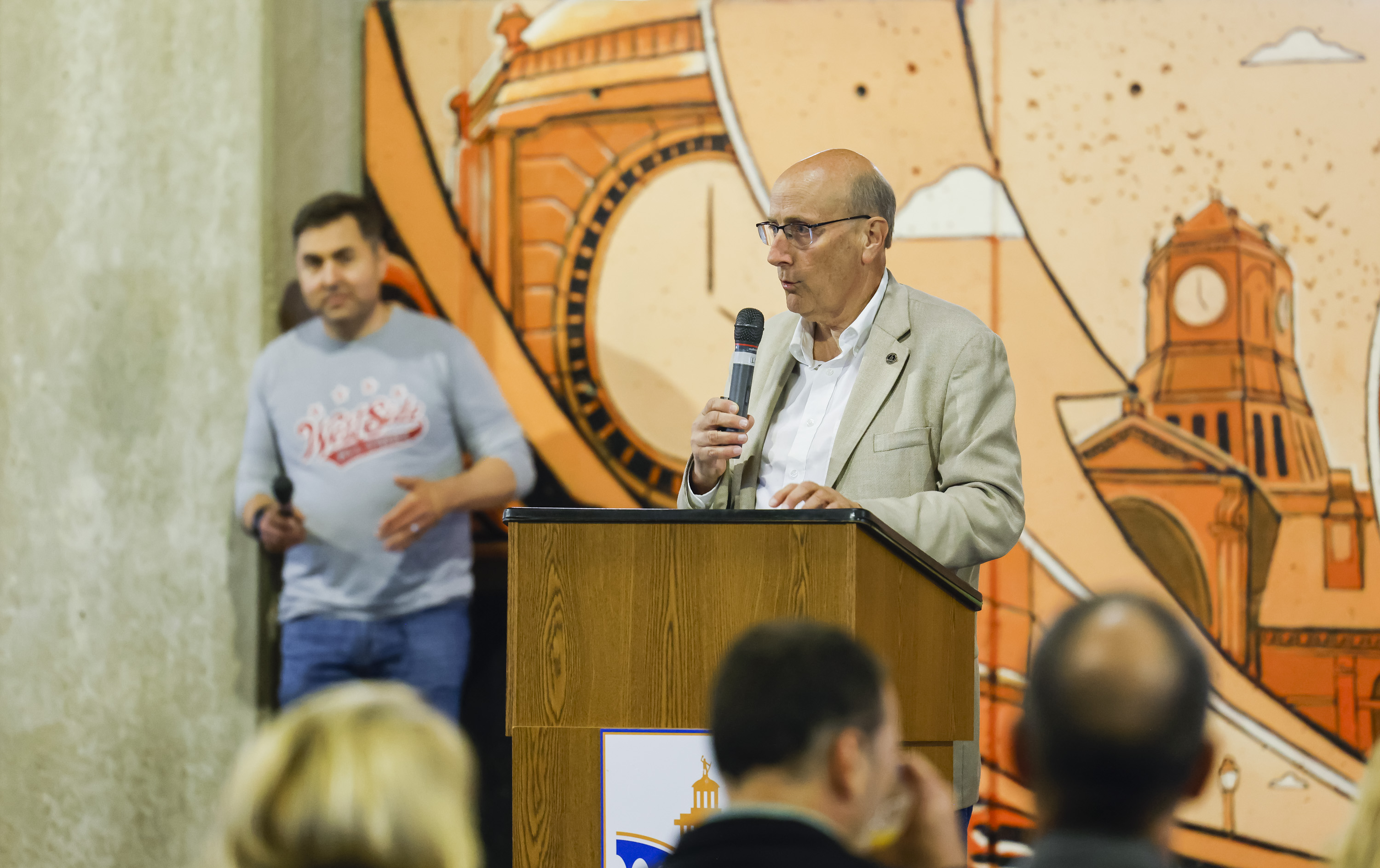 Hamilton mayor Pat Moeller speaks during the state of the city address under the McDulin Parking Garage Thursday, May 5, 2022. The location was moved from the original location of Municipal Brew Works due to rain. NICK GRAHAM/STAFF
