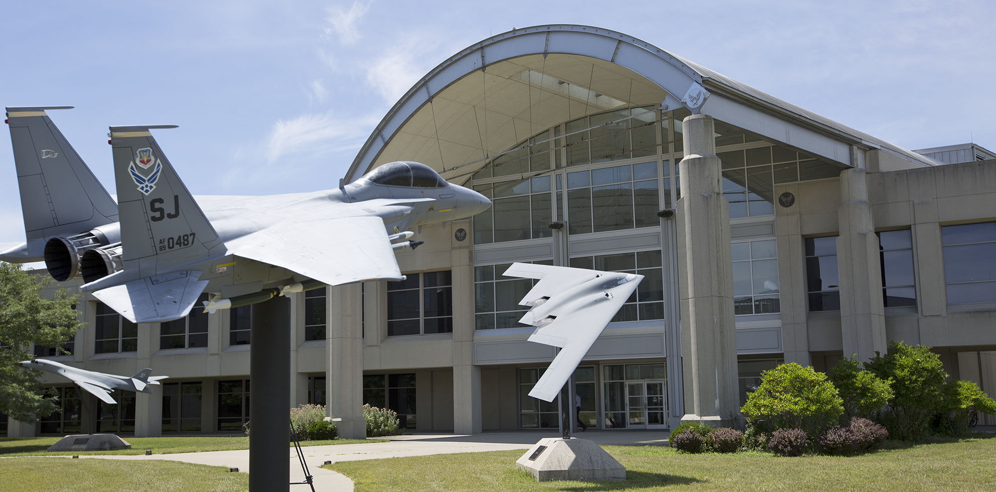 Models of Air Force aircraft, like this B-1B Lancer, F-15 Eagle and B-2 Spirit adorn the courtyards of management offices on Area B for the Fighters and Bombers Directorate, Air Force Life Cycle Management Center, Air Force Materiel Command, Wright-Patterson Air Force Base. TY GREENLEES / STAFF