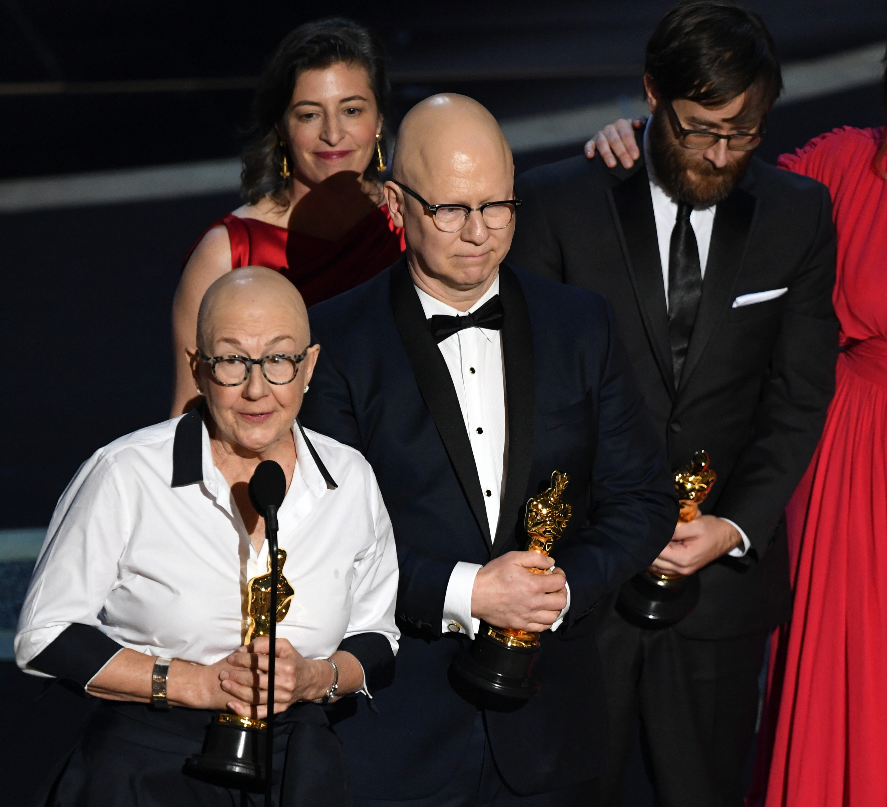 HOLLYWOOD, CALIFORNIA - FEBRUARY 09: (L-R) Julia Reichert, Lindsay Utz, Steven Bognar, Jeff Reichert and Julie Parker Benello accept the Documentary - Feature - award for 'American Factory' onstage during the 92nd Annual Academy Awards at Dolby Theatre on February 09, 2020 in Hollywood, California. (Photo by Kevin Winter/Getty Images)