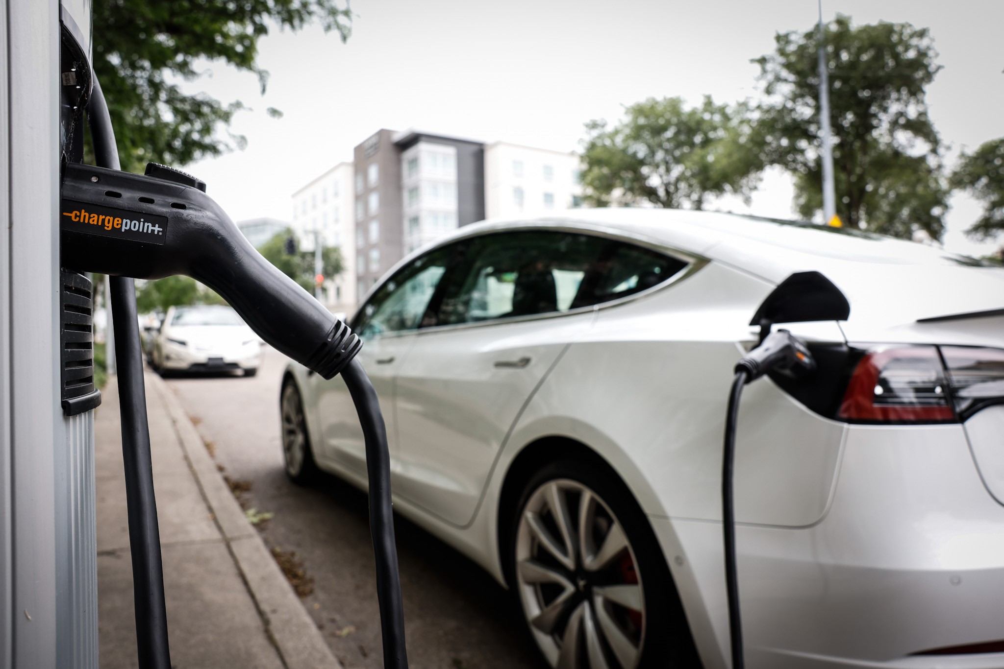 A total of $140 million is coming to Ohio to develop electric vehicle charging stations over five years. This EV charging station is located at the intersection of Monument Ave. and Patterson Blvd. JIM NOELKER/STAFF