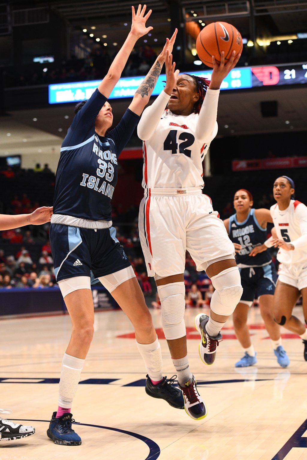 Dayton’s Jayla Scaife puts up a shot vs. Rhode Island earlier this season at UD Arena. Erik Schelkun/Dayton Athletics