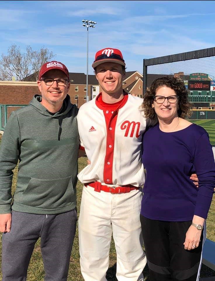 Miami University baseball player Brian Zapp with his parents, Ken Zapp and Linda Pineau. CONTRIBUTED