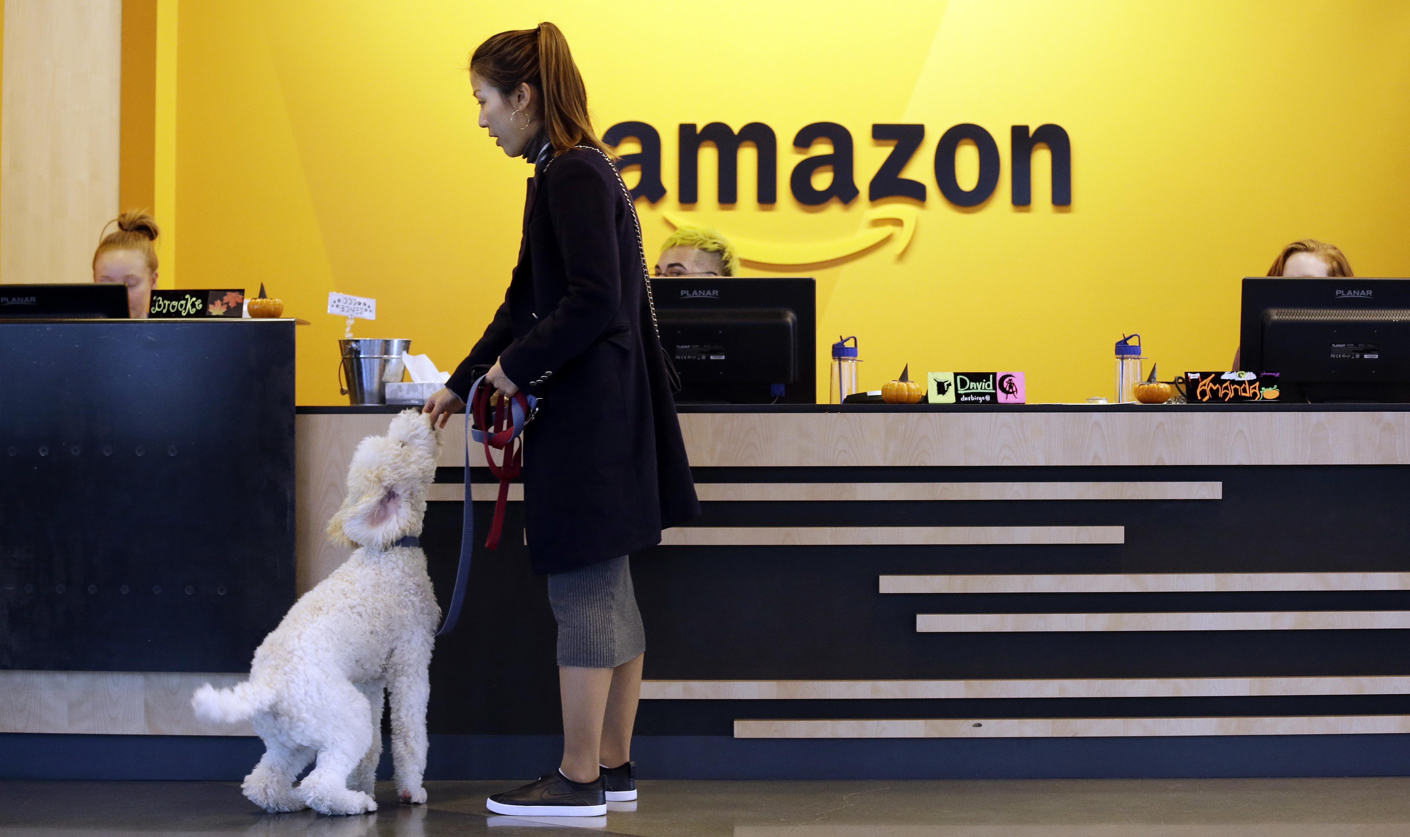 In this Wednesday, Oct. 11, 2017, photo, an Amazon employee gives her dog a biscuit as the pair head into a company building, where dogs are welcome, in Seattle. Butler County’s Liberty Twp. is making efforts to snag Amazon’s second North American headquarters. (AP Photo/Elaine Thompson)