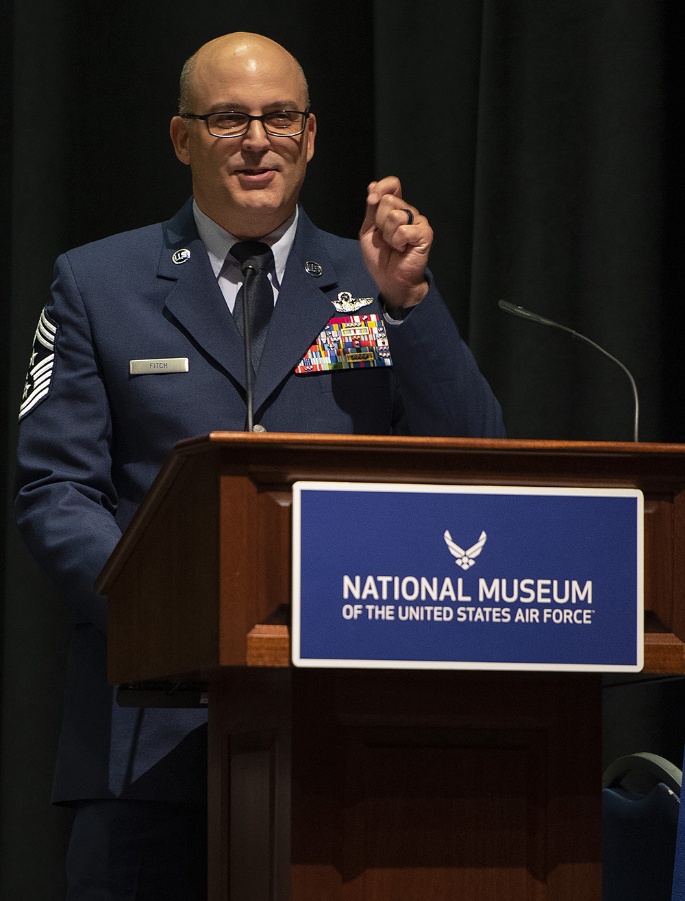 Chief Master Sgt. James Fitch, Air Force Research Laboratory command chief, delivers the commencement address at the Community College of the Air Force graduation ceremony on June15. U.S. AIR FORCE PHOTO/R.J. ORIEZ