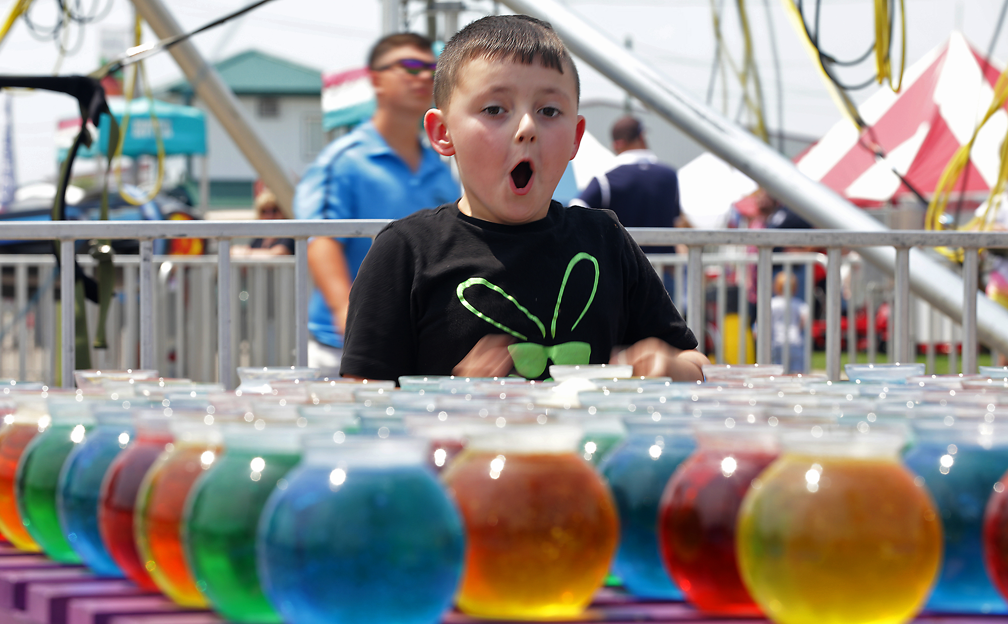 Dalton Pyles, 6, reacts as he wins a gold fish Saturday at the Clark County Fair.  BILL LACKEY/STAFF