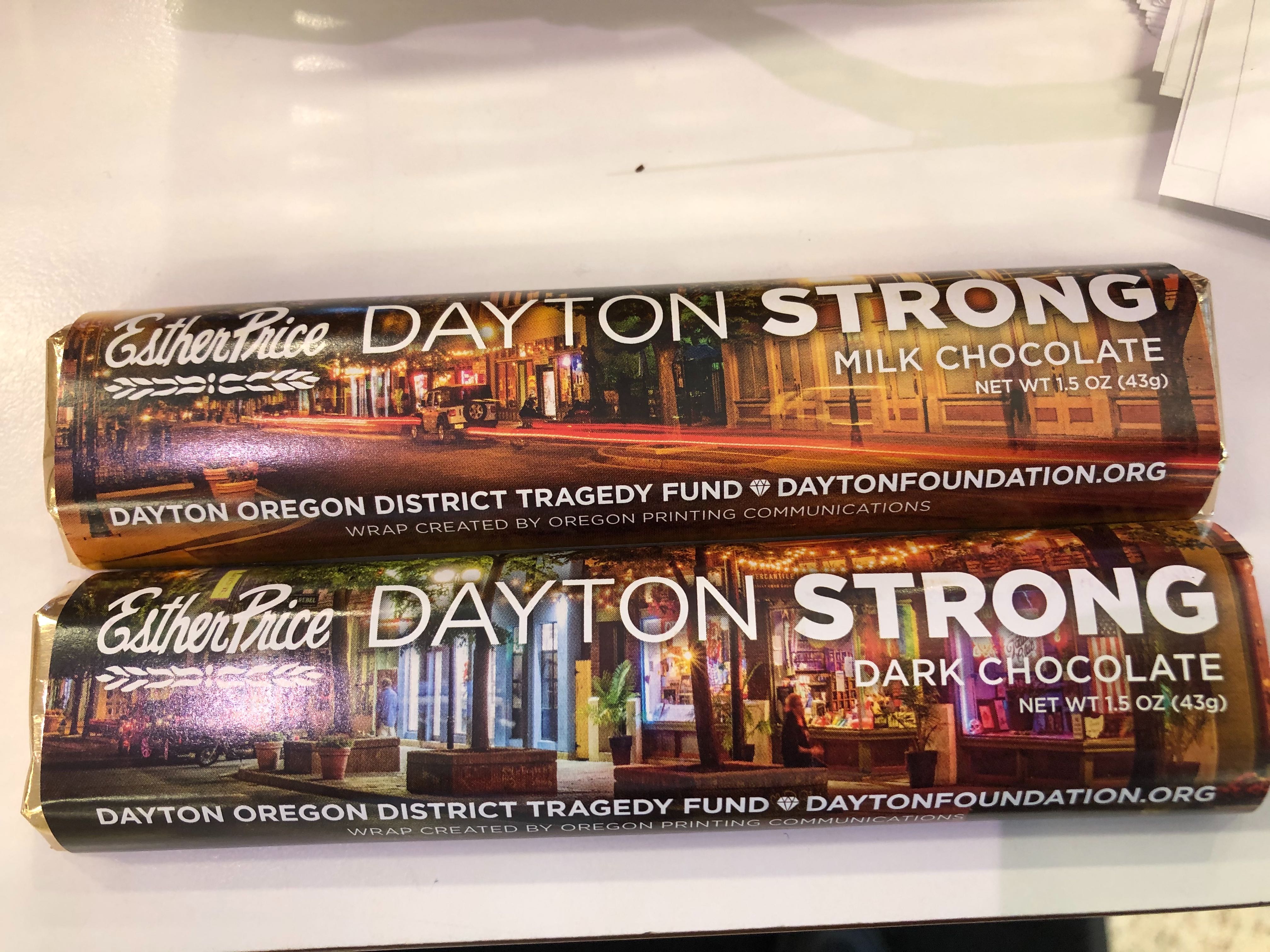 Esther Price Candies are now selling "Dayton Strong" chocolate bars that include a reference to the Dayton Foundation's Dayton Oregon District Tragedy Fund on the wrapper.