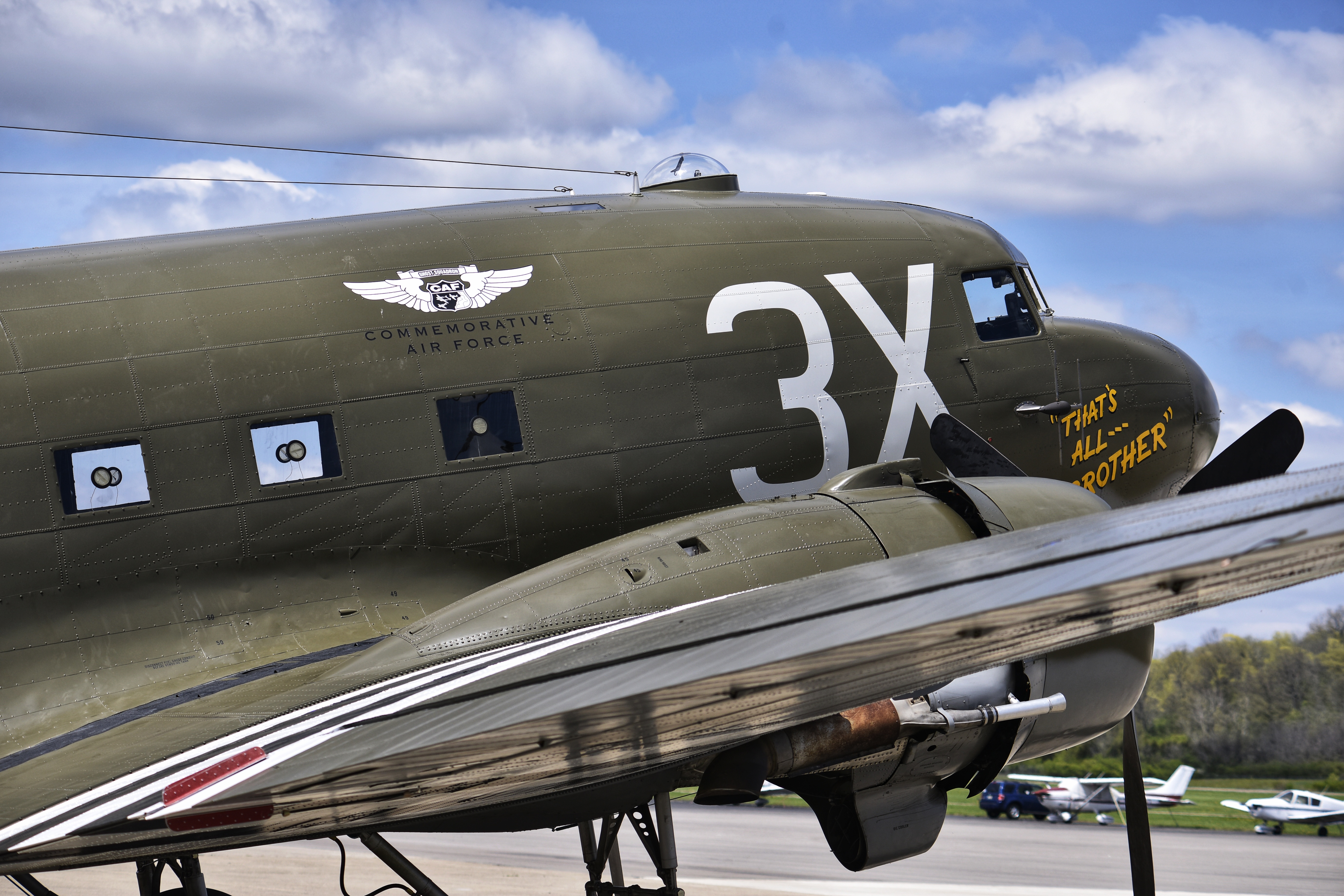 That’s All, Brother, a C-47 piloted by Lt. Col. John Donalson, arrived at Butler County Regional Airport Friday, April 16 for a three-day visit with tours and rides available. The historic WWII C-47 aircraft led over 800 C-47’s over the drop zones of Normandy, France on D-Day on June 6th, 1944. NICK GRAHAM / STAFF