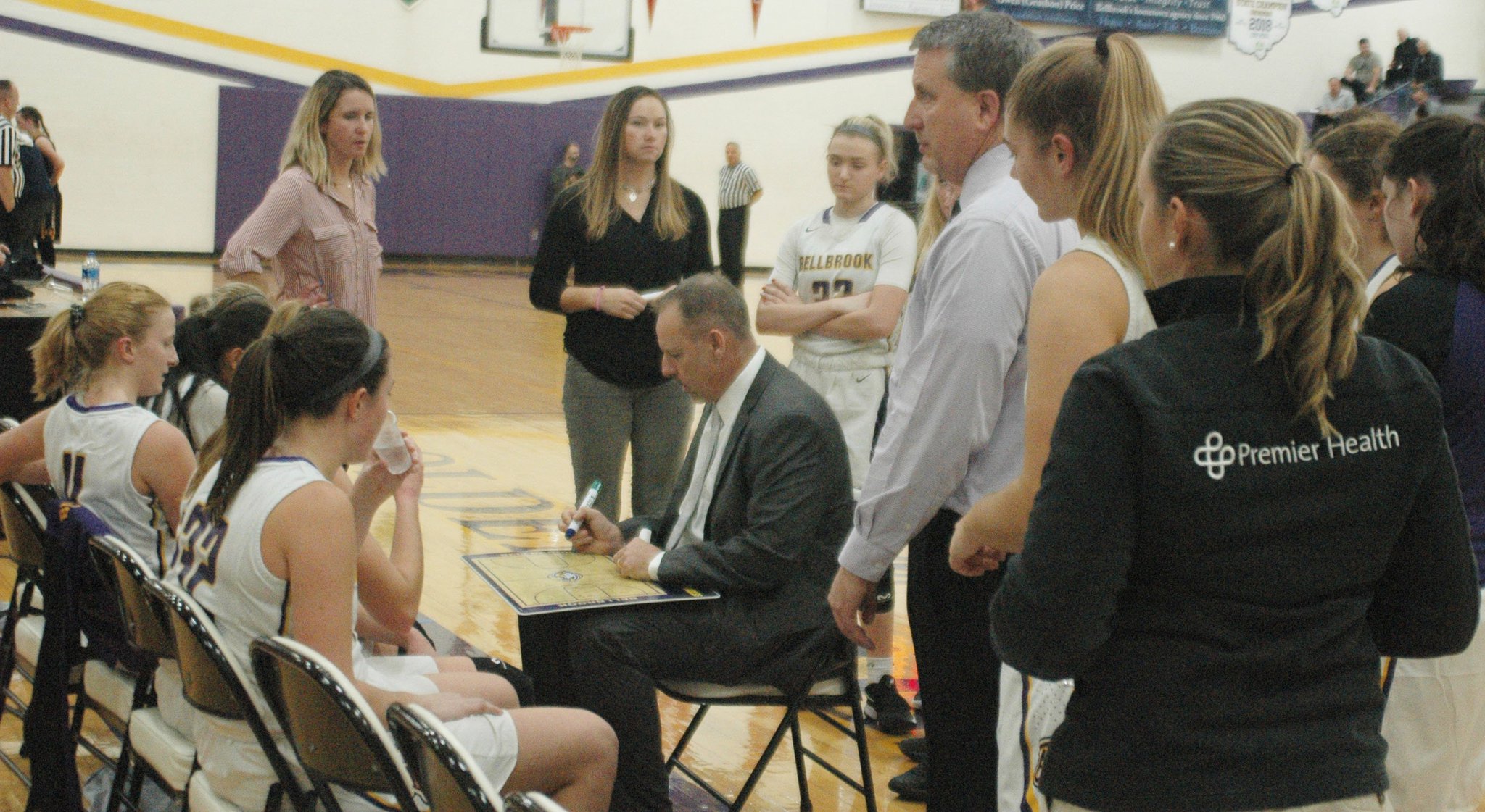 Bellbrook coach Jason Tincher talks to his team during a break in Monday night’s 31-29 loss to visiting Monroe. RICK CASSANO/STAFF