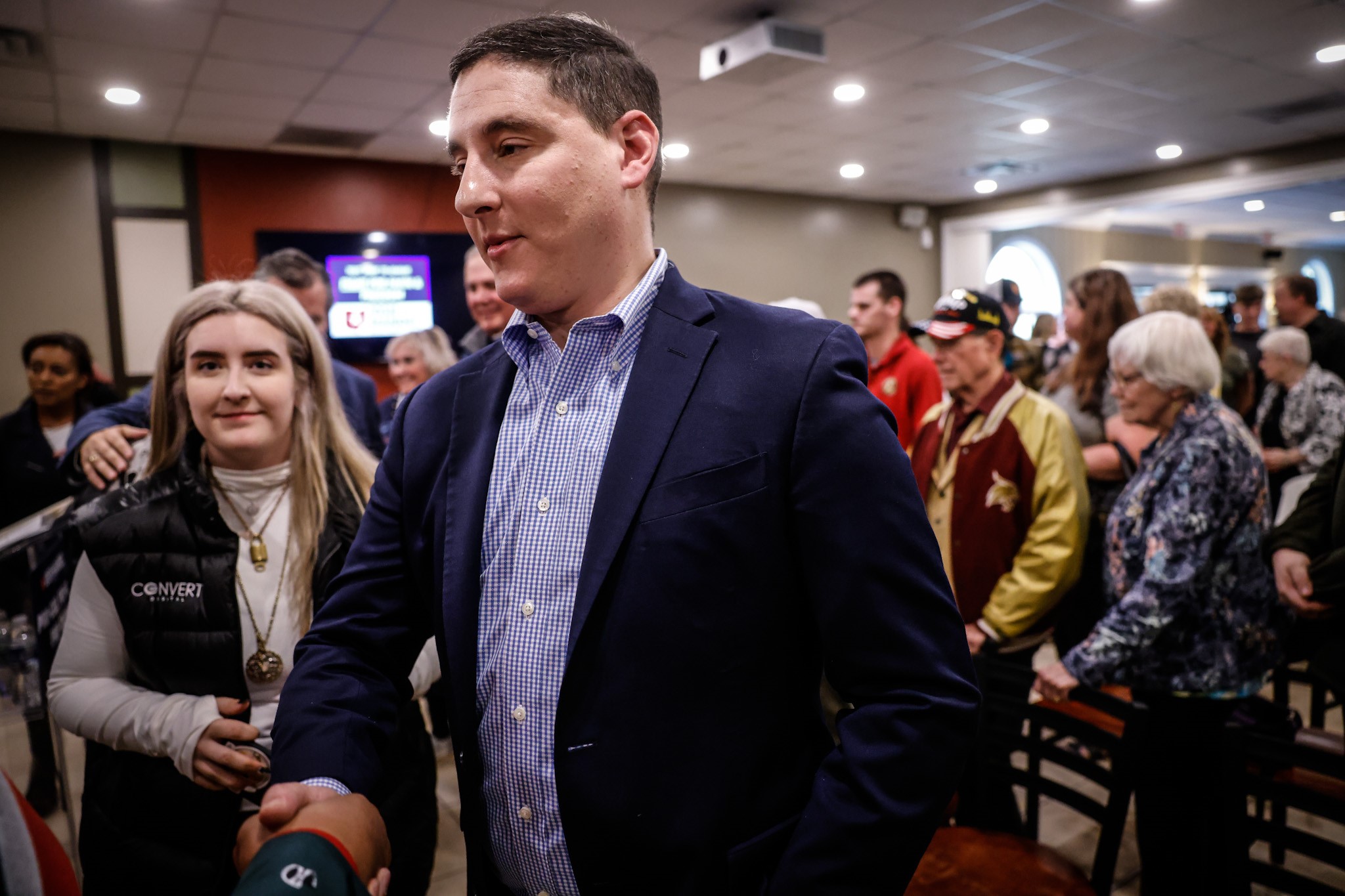 Ohio U.S. Senate candidate, Josh Mandel meets supporters during a campaign stop at Victory Christian Church in Kettering. Sen. Ted Cruz, R-Tx also joined Mandel at the event. JIM NOELKER/STAFF