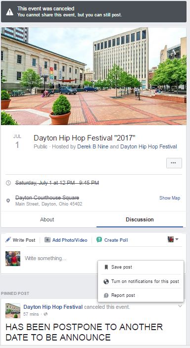 The Dayton Hip Hop Festival originally scheduled for July 1, 2017, has been postponed.