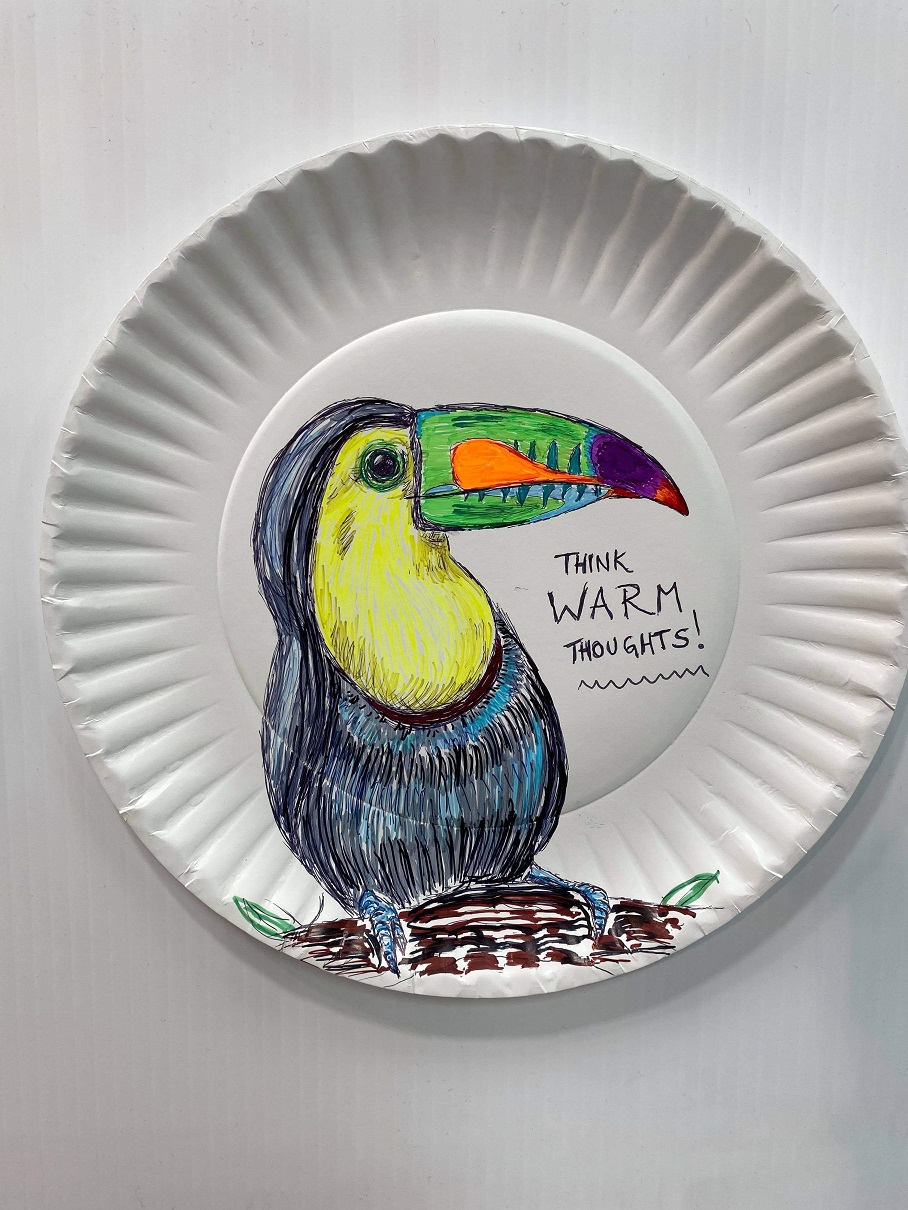 Lindsey Ray's drawings are done on paper plates provided in the store’s break room and posted on the bulletin board. CONTRIBUTED