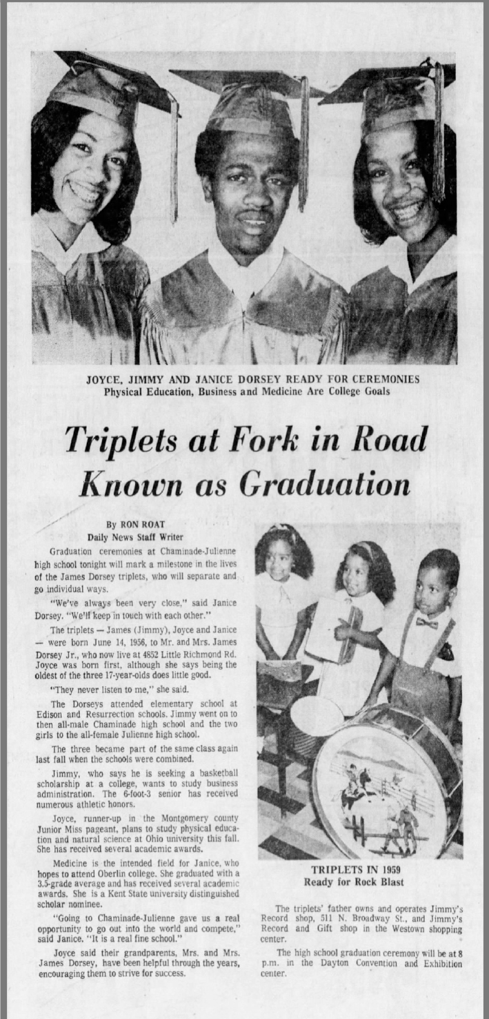Chaminade Julienne High School grad Joyce Dorsey Kenner appears in the Netflix documentary Becoming about former first lady Michelle Obama. She was born in Dayton as a set of triplets in 1956. She is her siblings Janice Allen and Jimmy Dorsey were featured in this front page Dayton Daily News article May 26, 1974.