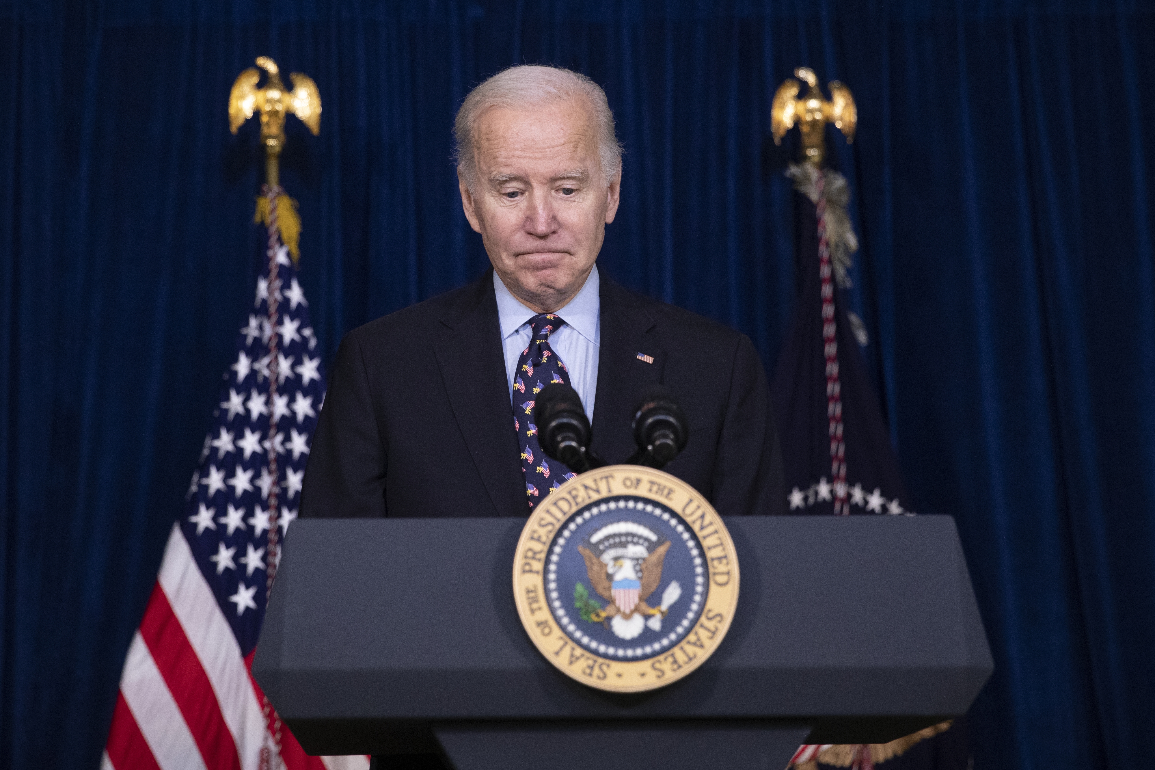 President Joe Biden discusses the deadly tornadoes that killed at least 70 overnight, largely in Kentucky, at the Chase Center in Wilmington, Del. Saturday, Dec. 11, 2021. Biden has already approved an emergency declaration for Kentucky. “We’re going to get through this, and we’re going to get through this together,”. Biden said. “The federal government is not going to walk away.” (Tom Brenner/The New York Times) ..
