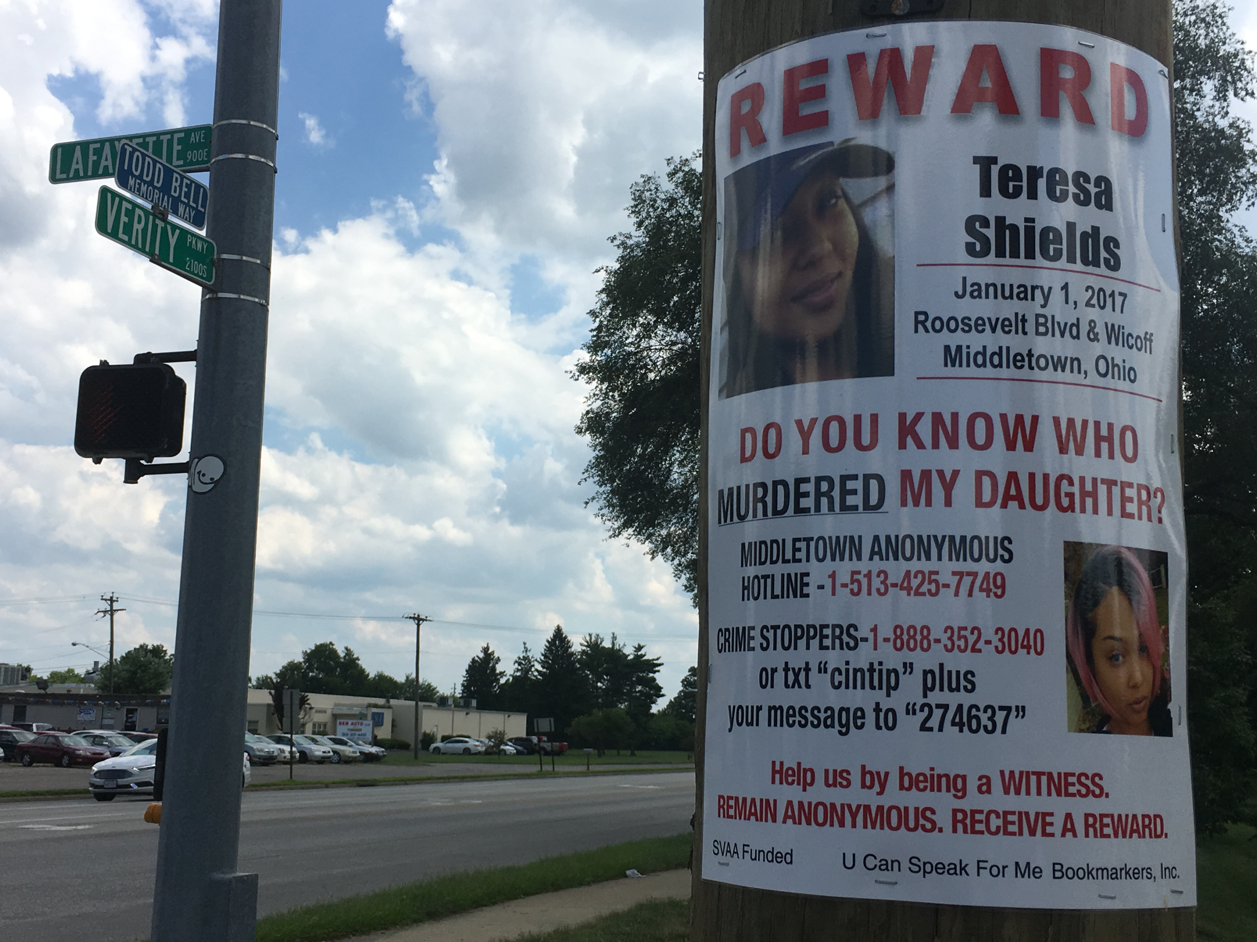 New posters featuring photos of Teresa Shields and offering a reward for information in her unsolved homicide have started appearing in Middletown. The posters are the work of the group U-Can-Speak-For-Me, which was founded by a Cincinnati mother whose son was murdered.