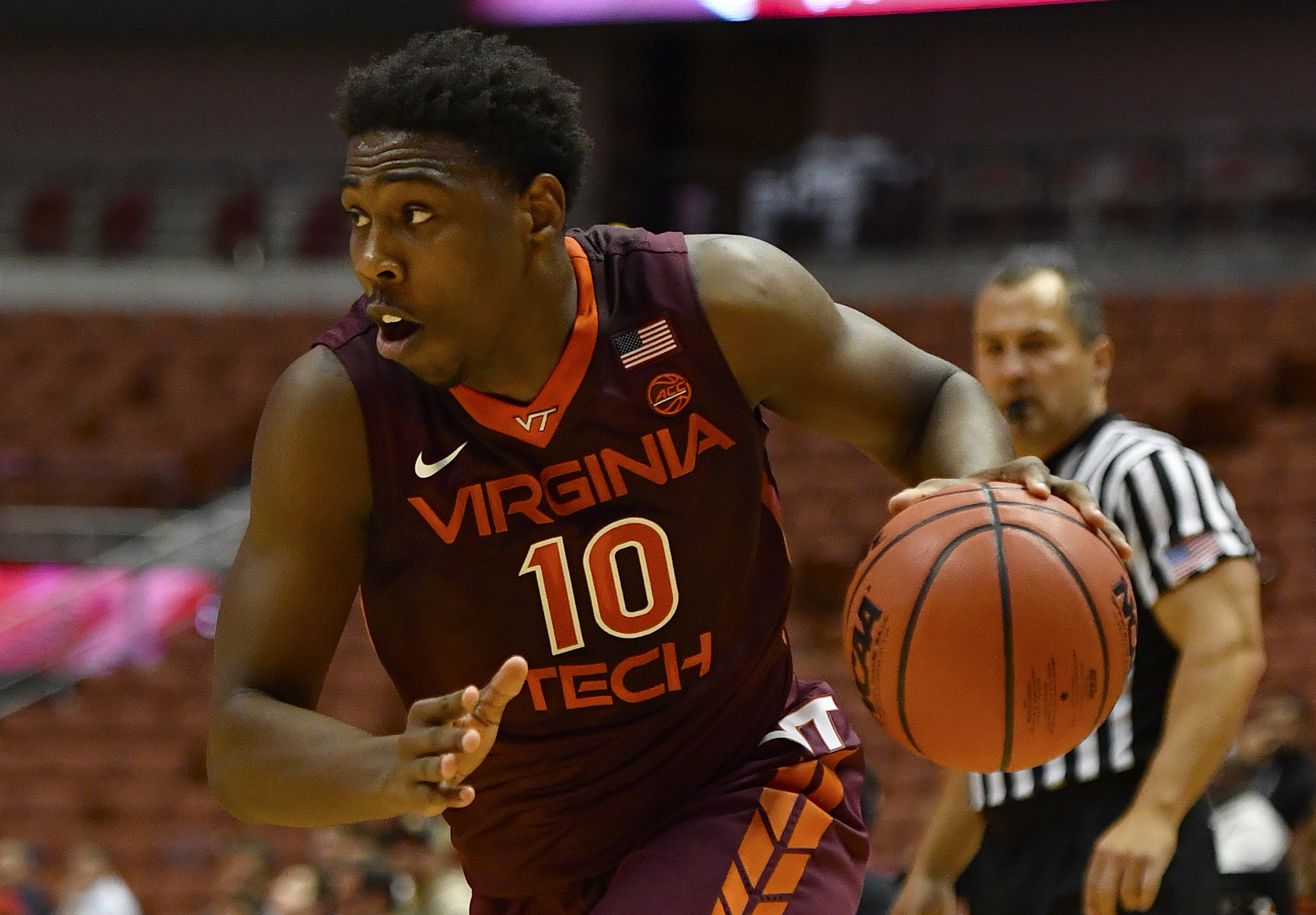 ANAHEIM, CA - NOVEMBER 27: Justin Bibbs #10 of the Virginia Tech Hokies dribbles the ball during the third place game against the Nebraska Cornhuskers at the Wooden Legacy at Honda Center on November 27, 2016 in Anaheim, California. (Photo by Robert Laberge/Getty Images)
