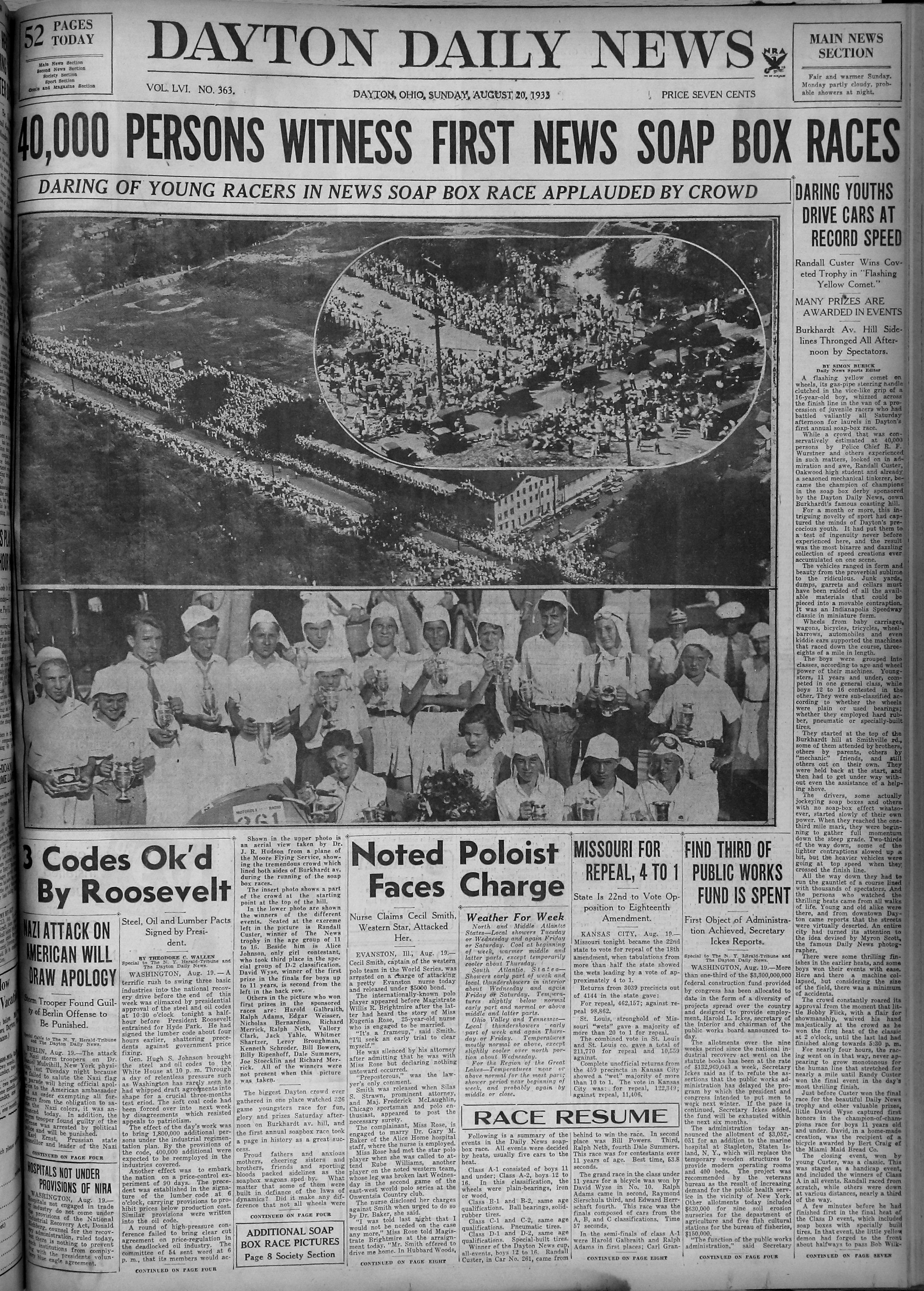 August 20, 1933: The front page of the Dayton Daily News covering the first Soap Box Derby. VIEW THE FULL-SIZE PAGE: https://www.daytondailynews.com/rw/Pub/p9/DaytonDailyNews/2018/08/14/Images/1933_08_20.jpg
