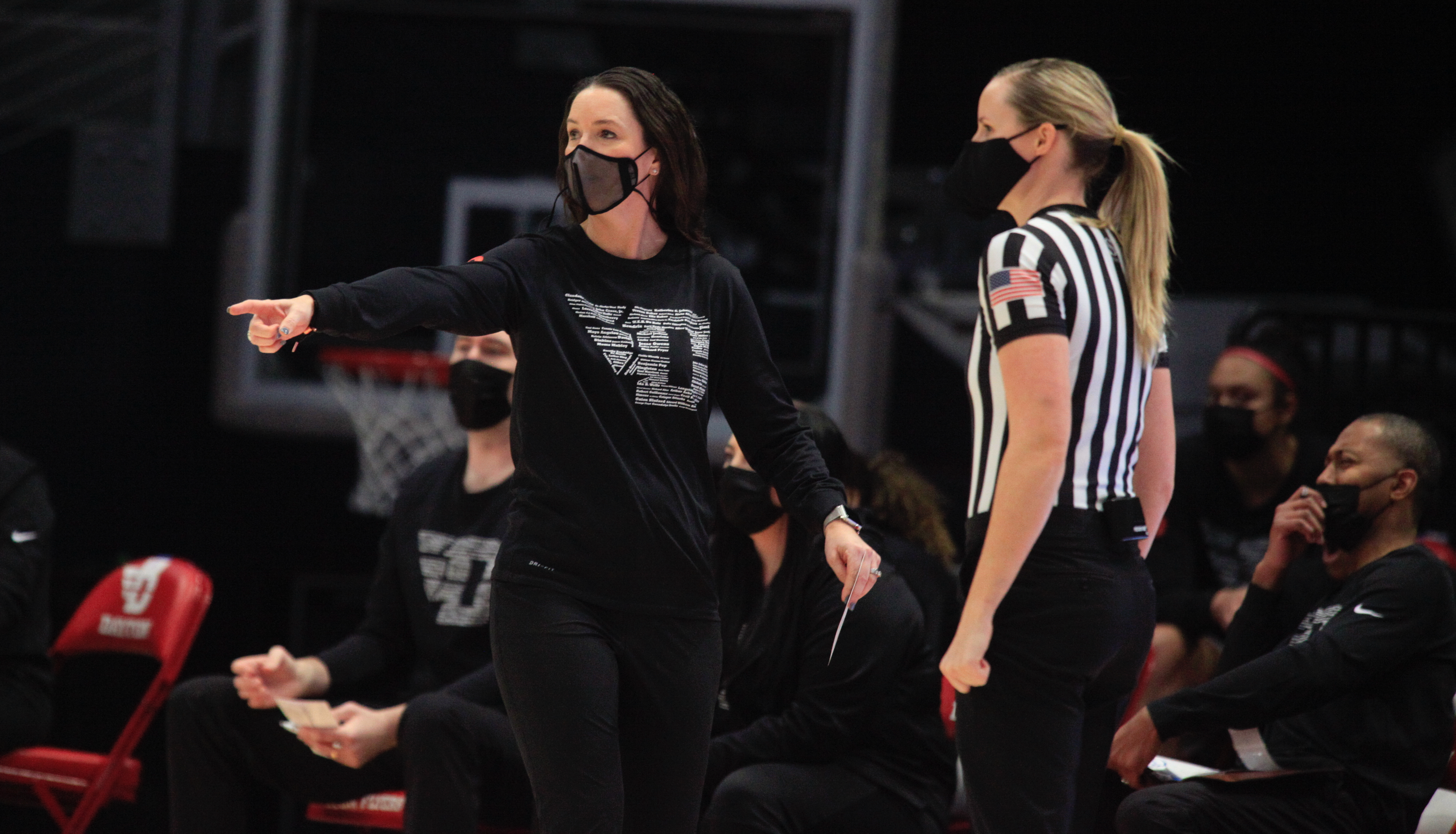 Dayton coach Shauna Green talks to an official during a game against Saint Louis on Saturday, Feb. 20, 2021, at UD Arena. David Jablonski/Staff