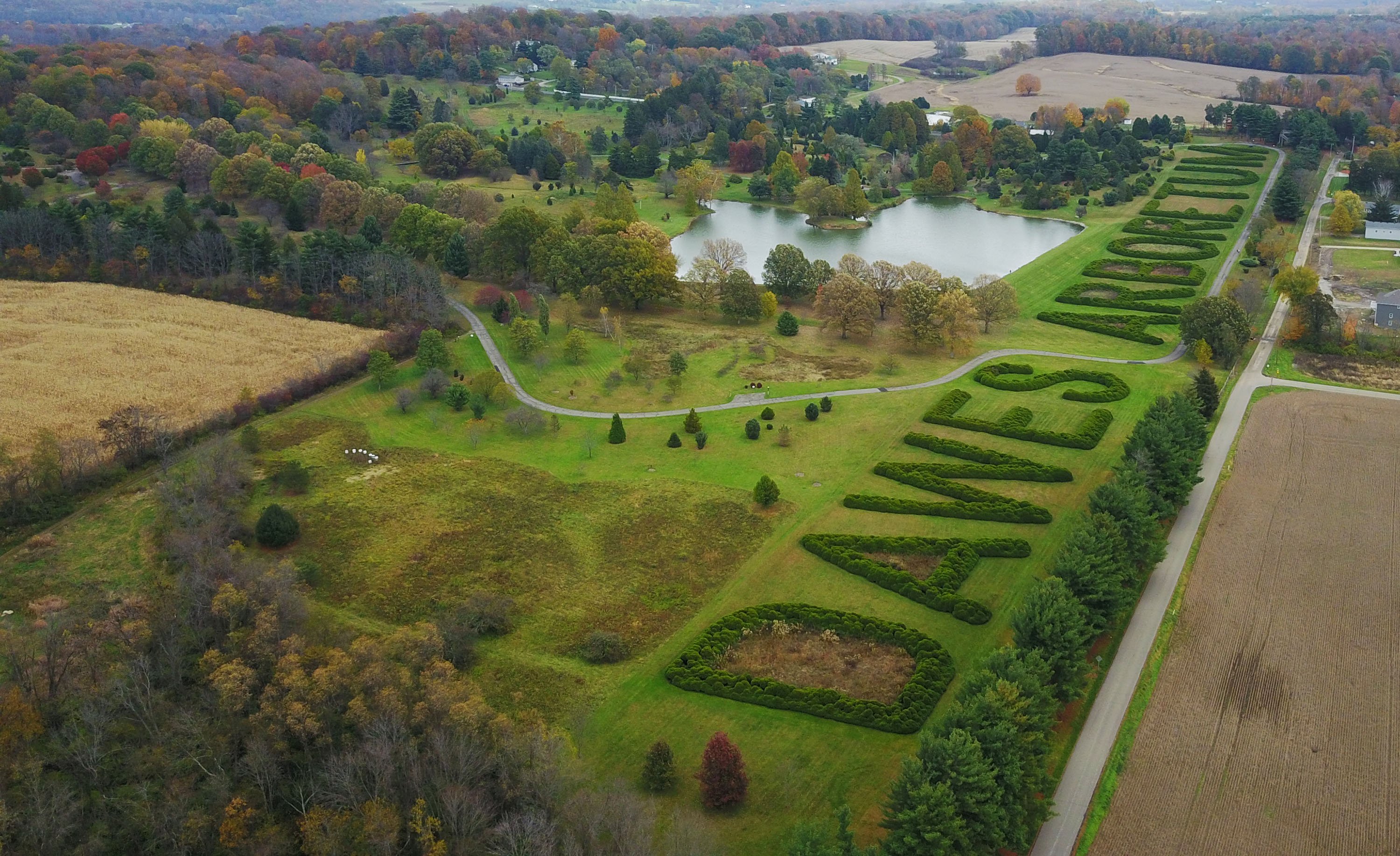 Drone photograph of the hedge row at Dawes Arboretum in Licking County. Photo by Doral Chenoweth III .