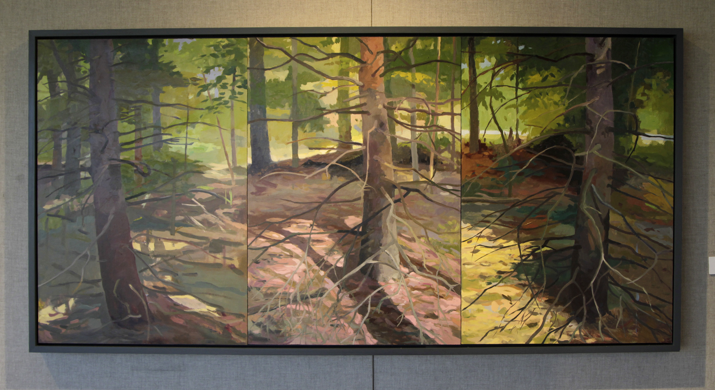 "Three Equals Four, Pines" oil on panel by Jean Koeller. âStories,â the work of four regional painters, Cedric Cox, Jean Koeller, Morris Howard and Ann Kim, is on display in the Burnell R. Roberts Triangle Gallery at Sinclair Community College. LISA POWELL / STAFF