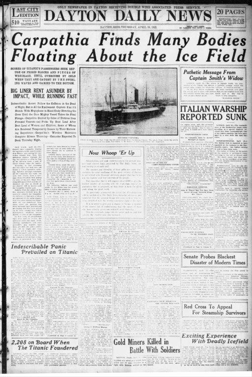 Dayton Daily News front page from April 18, 1912 covering the Titanic sinking.