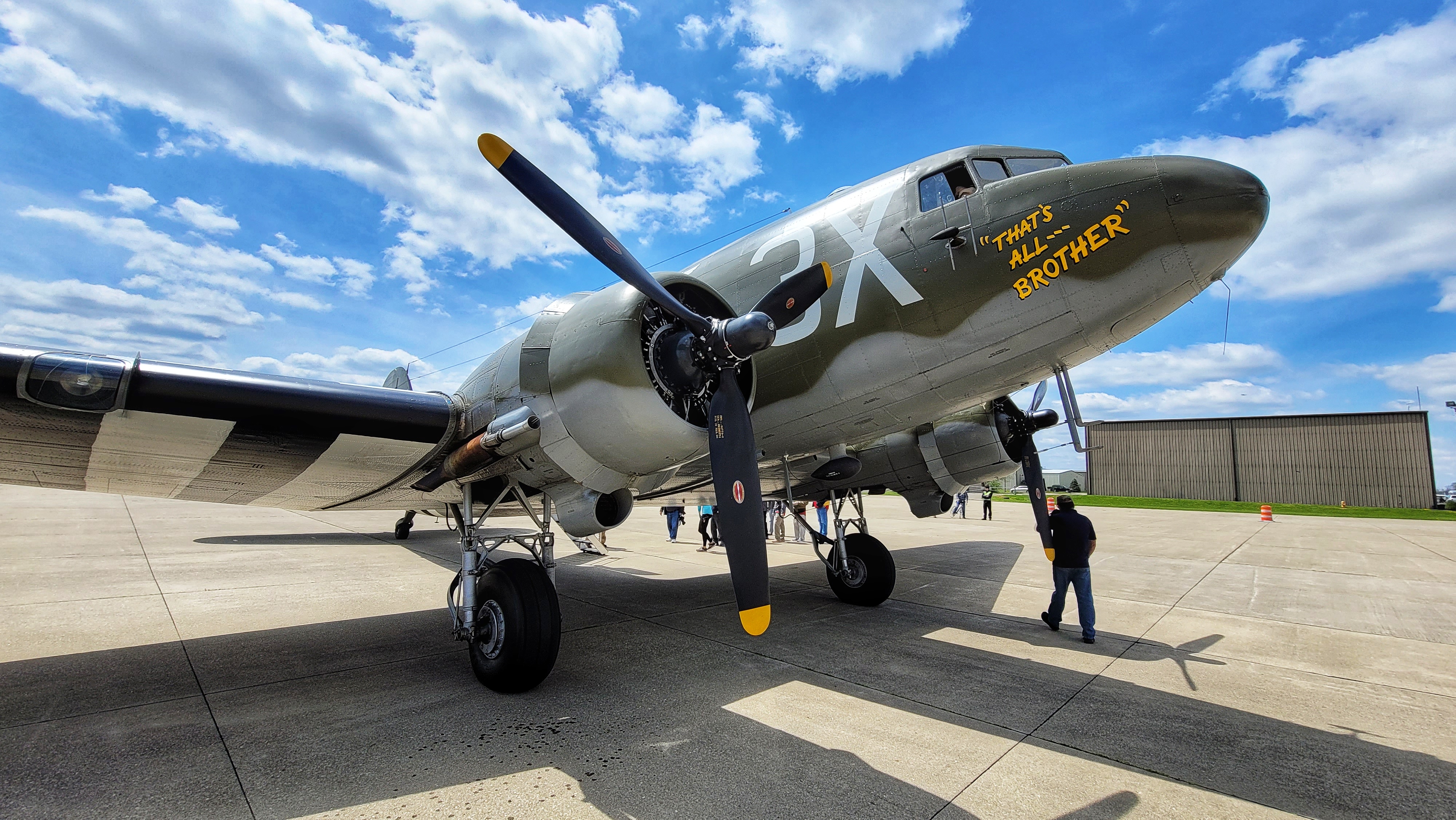 That’s All, Brother, a C-47 piloted by Lt. Col. John Donalson, arrived at Butler County Regional Airport Friday, April 16 for a three-day visit with tours and rides available. The historic WWII C-47 aircraft led over 800 C-47’s over the drop zones of Normandy, France on D-Day on June 6th, 1944. NICK GRAHAM / STAFF
