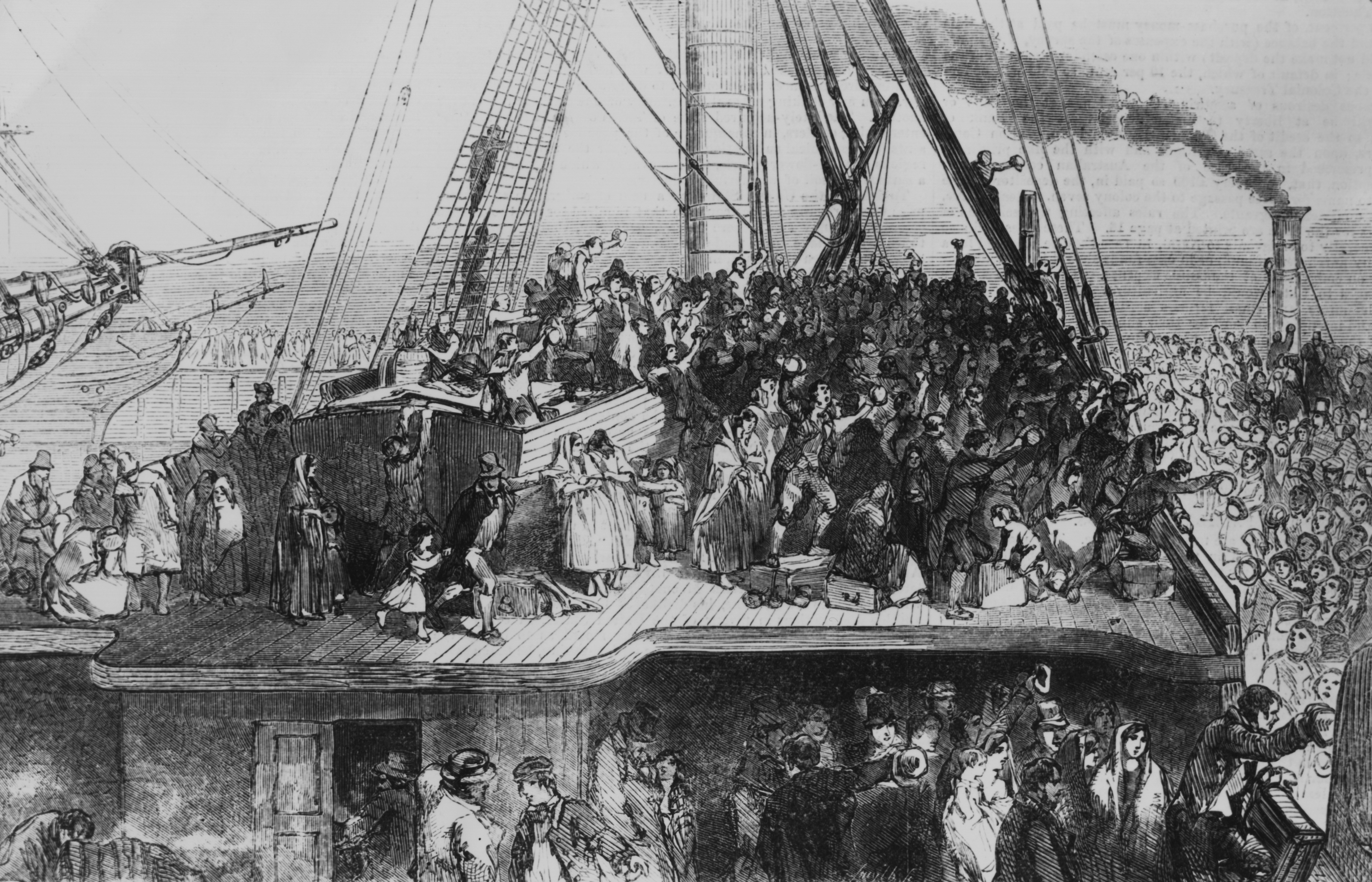 Irish emmigrants sailing to the US during the Great Famine (aka the Irish potato Famine), 1850. Original publication - Illustrated London News - pub 6th July 1850. (Photo by Illustrated London News/Hulton Archive/Getty Images)