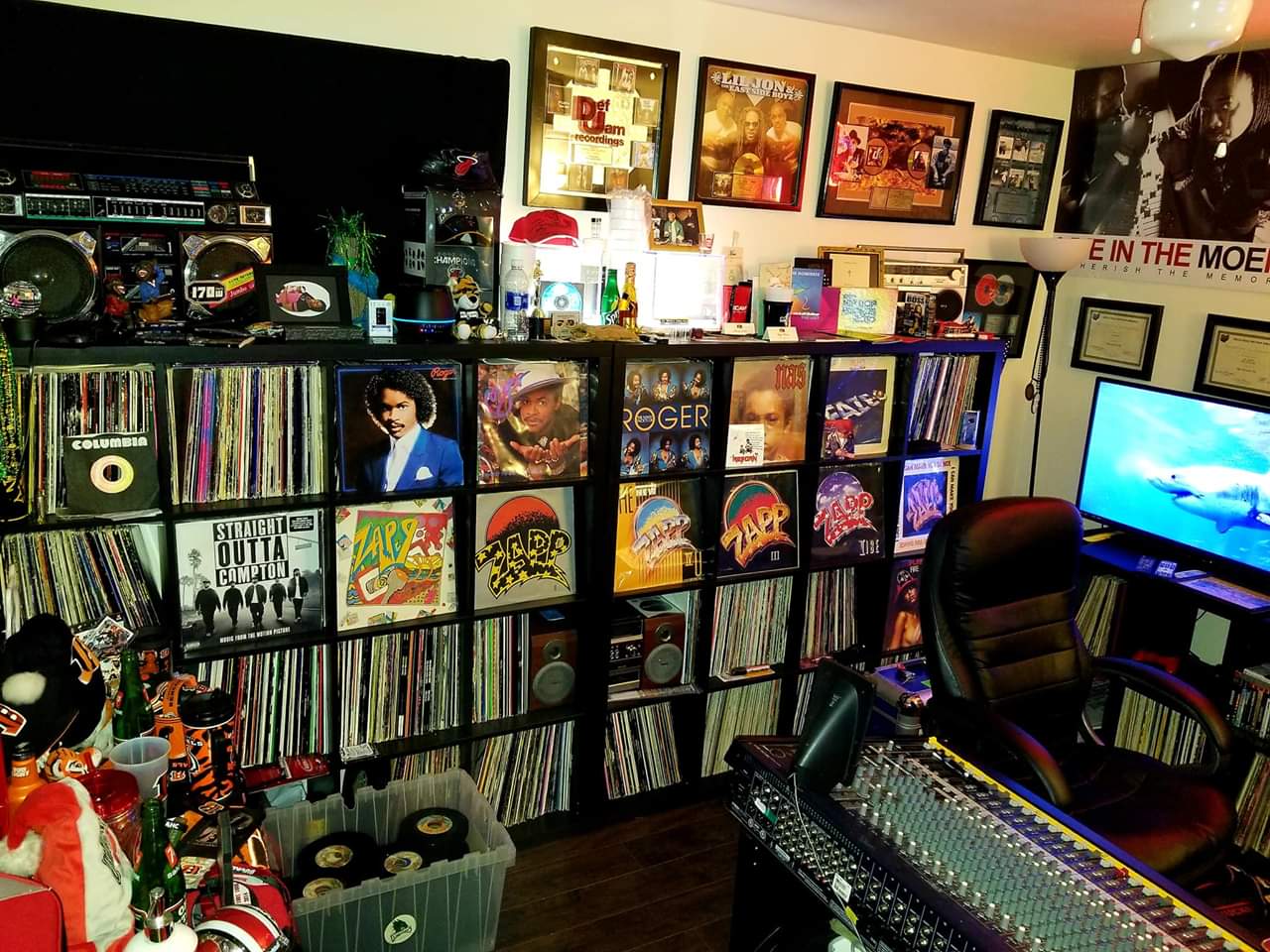 For the last 15 years DJ Skno has been a DJ and director of music programming for the CORE DJ Radio Show On Sirius XM Radio Shade45. He started DJ in 1983 and has worked at several local radio stations. His studio is pictured.