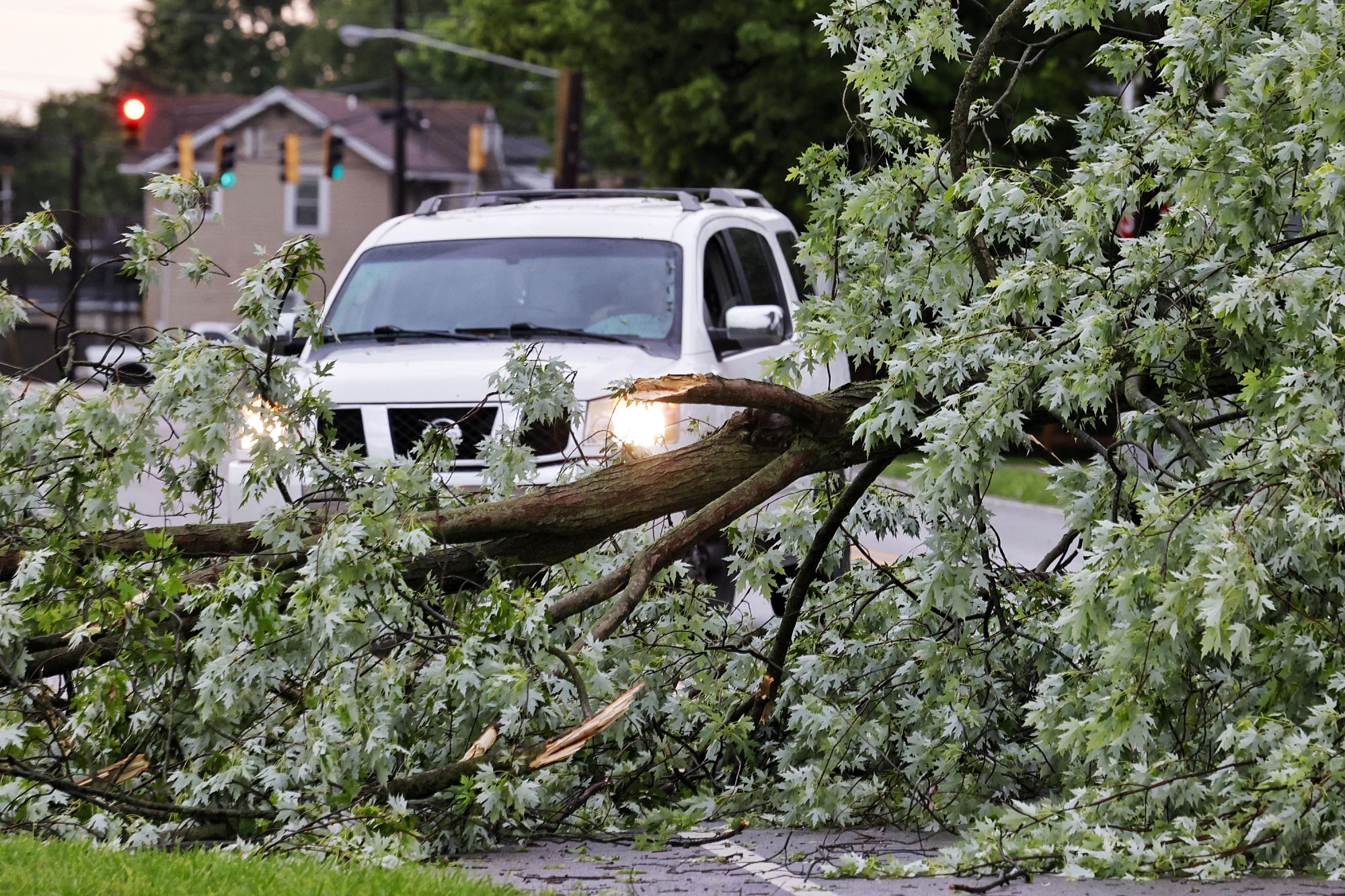 Vehicles had to reroute around several downed trees on Riverside drive in St. Clair Township after storms with heavy rain and strong winds caused power outages and down trees and limbs around Butler County Monday evening, June 13, 2022. NICK GRAHAM/STAFF