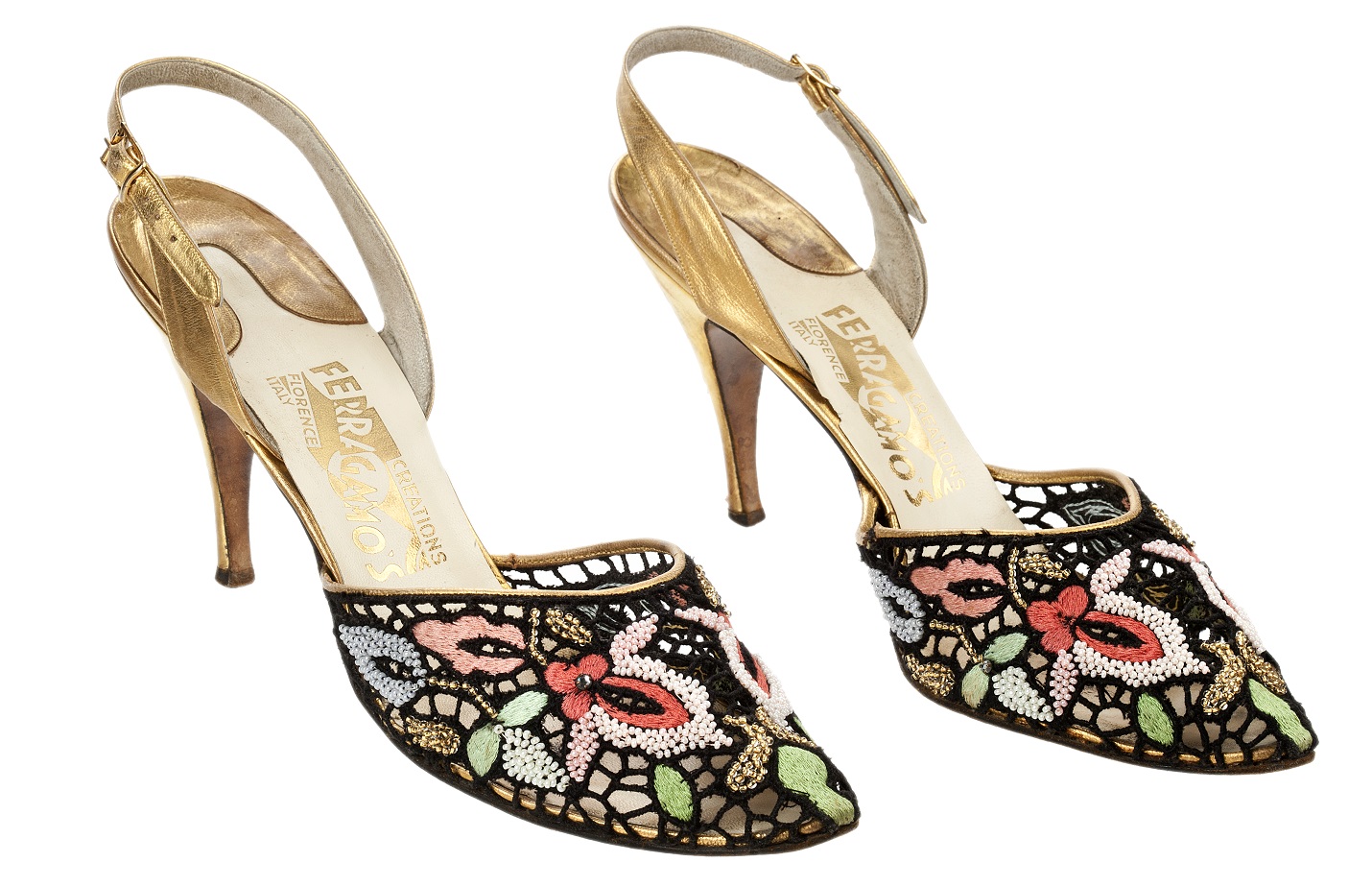 Salvatore Ferragamo (1898–1960), designer, Madonna Sandals, about 1954–55, Florence, Italy, kid leather, Tavarnelle needlepoint lace, embroidery, and beads, Stuart Weitzman Collection, no. 57. Photo credit: Glenn Castellano, New-York Historical Society