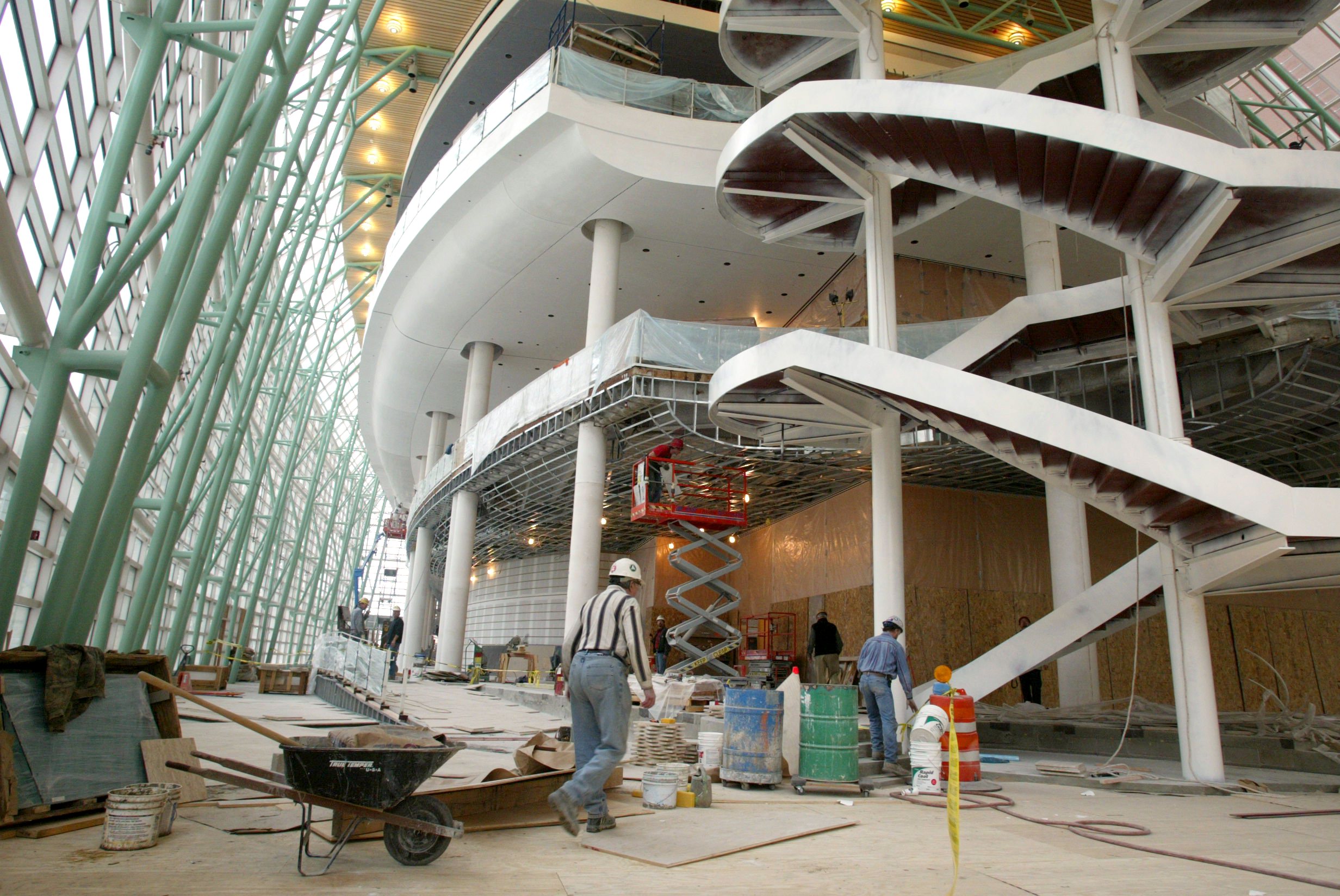 The wintergarten area of the Schuster Center for the Performing Arts is taking shape, with the open staircase on the right, and the wide open area near the theatre lobby to the right.