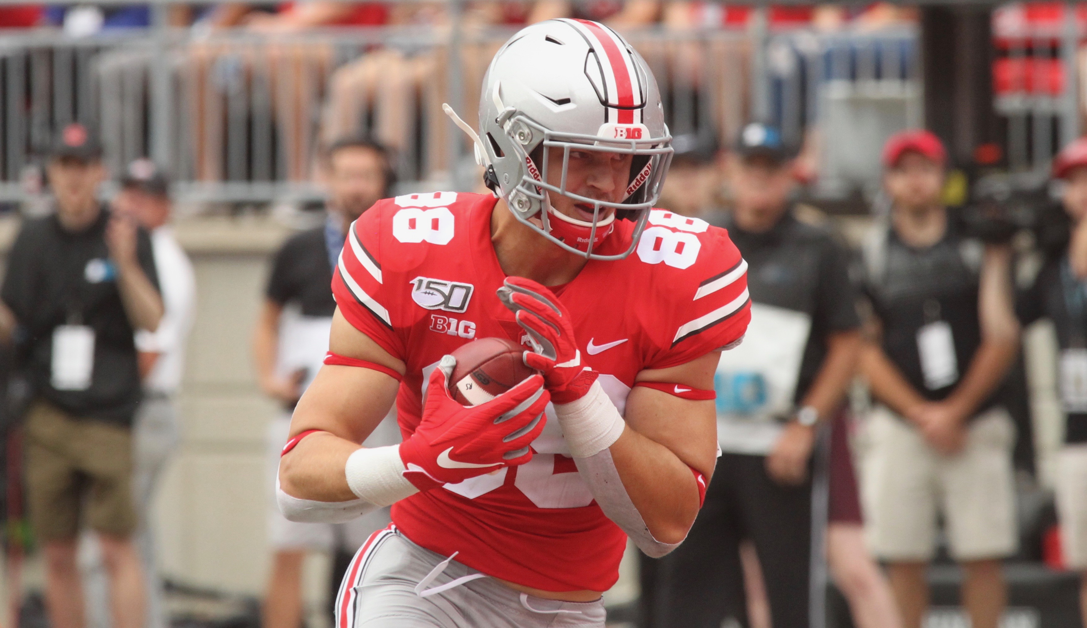 Ohio State tight end Jeremy Ruckert celebrates a touchdown in the first quarter against Florida Atlantic on Saturday, Aug. 31, 2019, at Ohio Stadium in Columbus. David Jablonski/Staff