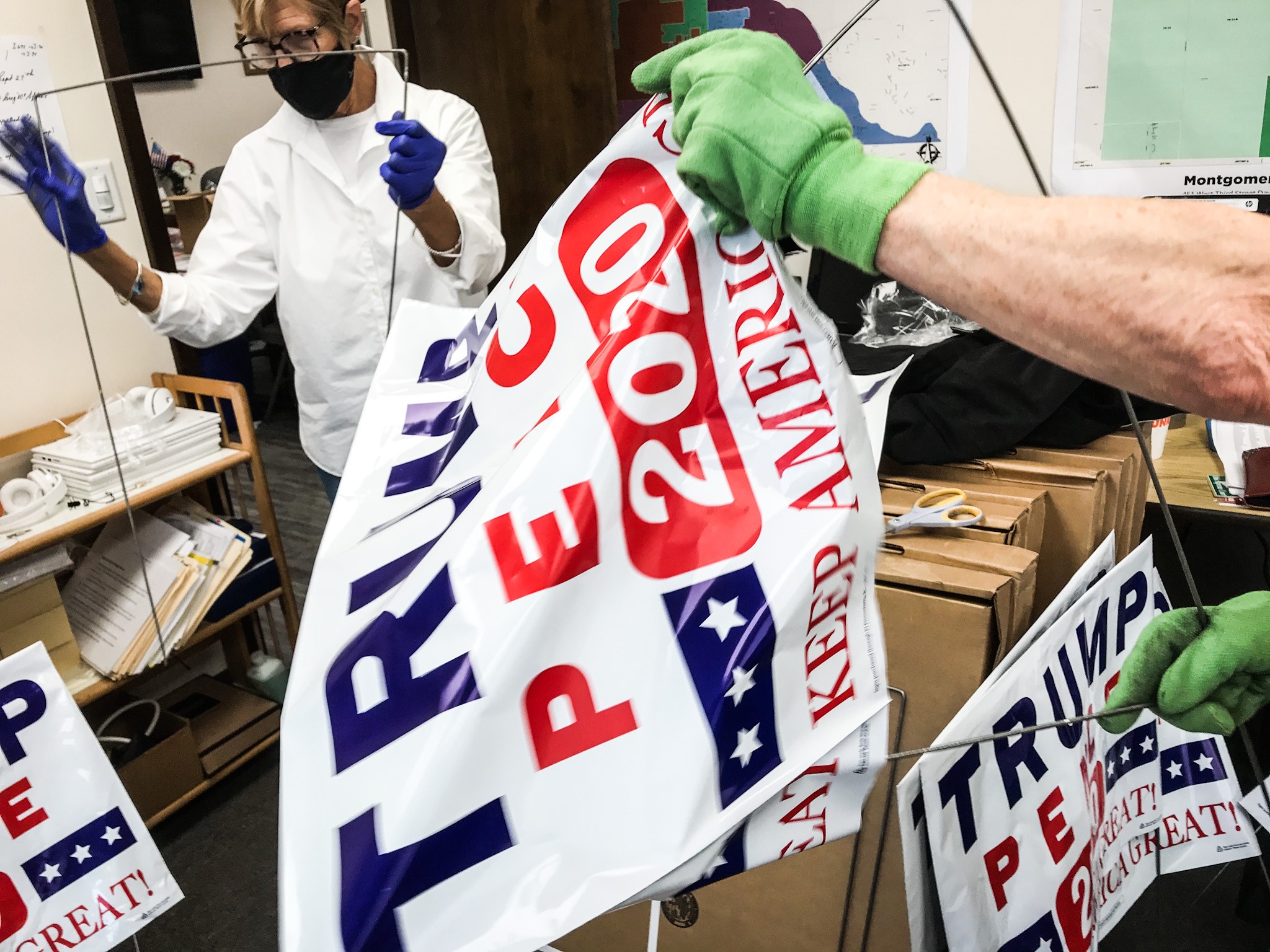 Montgomery County Republican headquarter have distributed 6,500 signs in Montgomery County so far this political season. Twenty five to thirty volunteers work at the Linden Ave. Location.