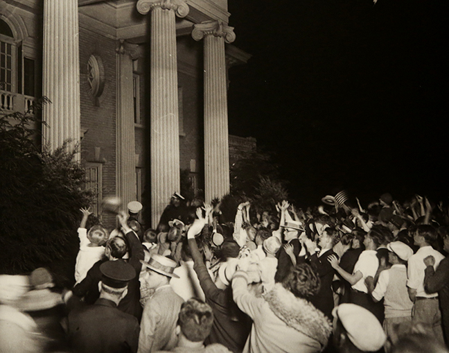 Dayton photographer William Preston Mayfield took this photograph of a crowd gathered on the lawn of Hawthorn Hill, Orville Wright's mansion, waving to famed aviator Charles Lindbergh who was on a balcony unseen in the photo. Lindbergh's visit to Wright's Oakwood mansion took place June 22, 1927, a month after his record-setting solo flight from New York to Paris. DAYTON HISTORY