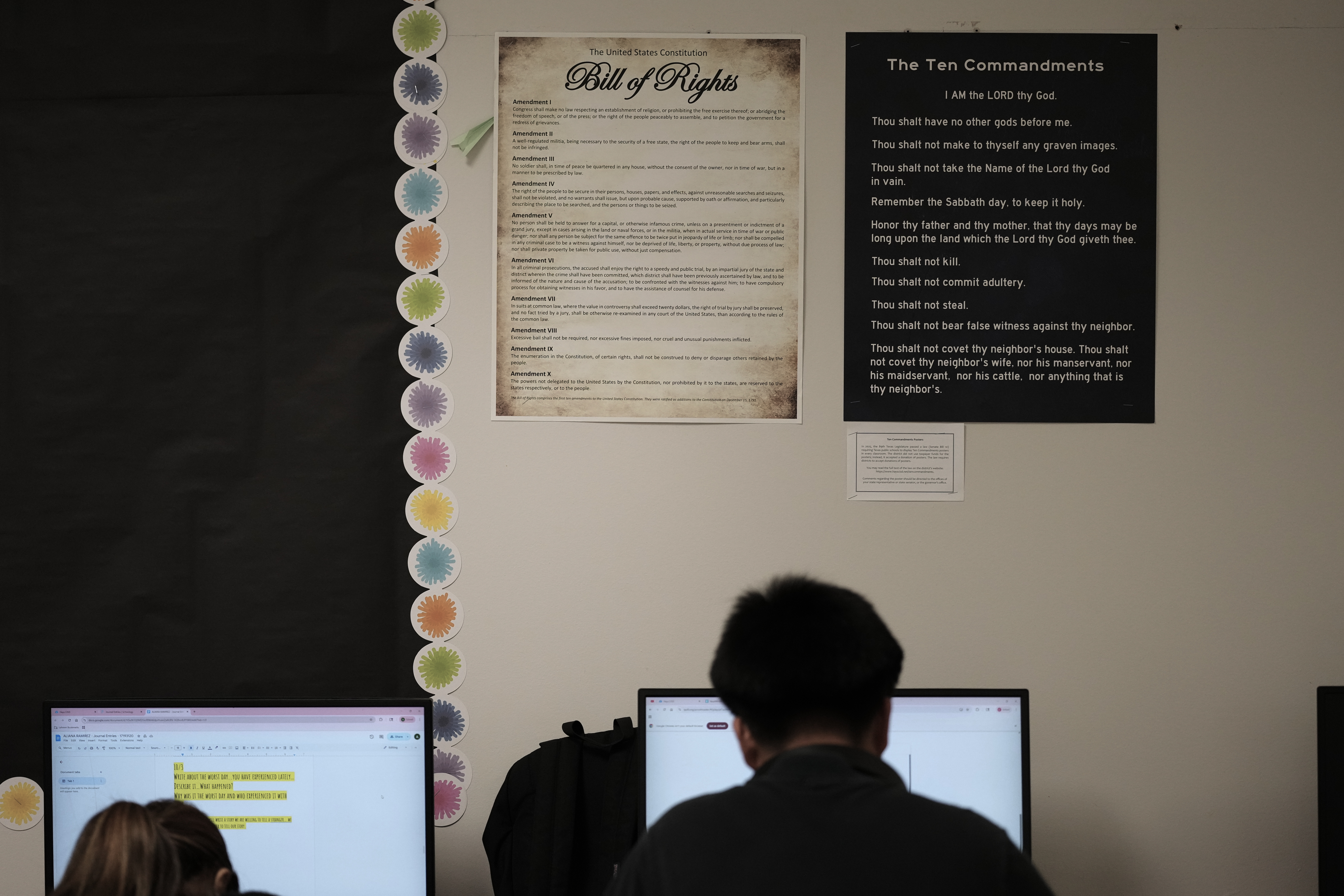 Ten Commandments and Bill of Rights posters displayed in a classroom at Lehman High School in Kyle, Texas