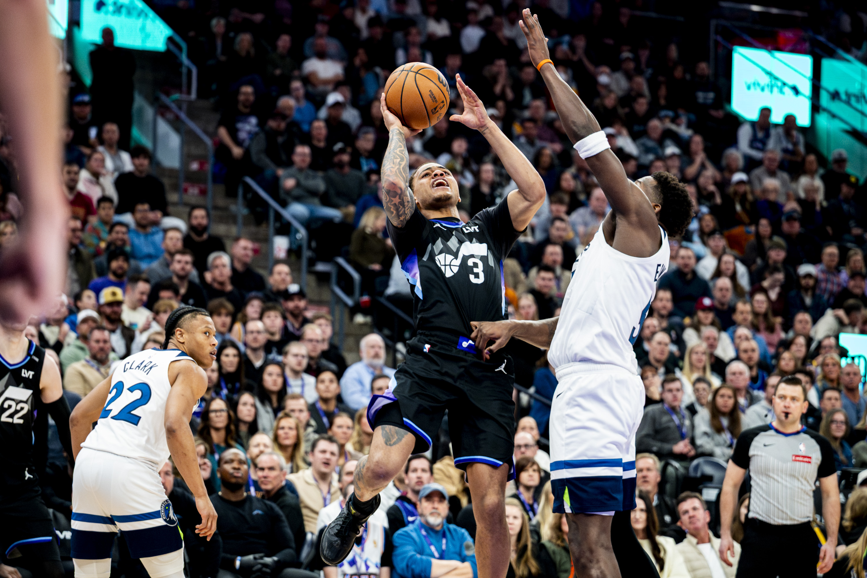 Utah Jazz guard Keyonte George shooting in game action during the 2025-26 NBA season