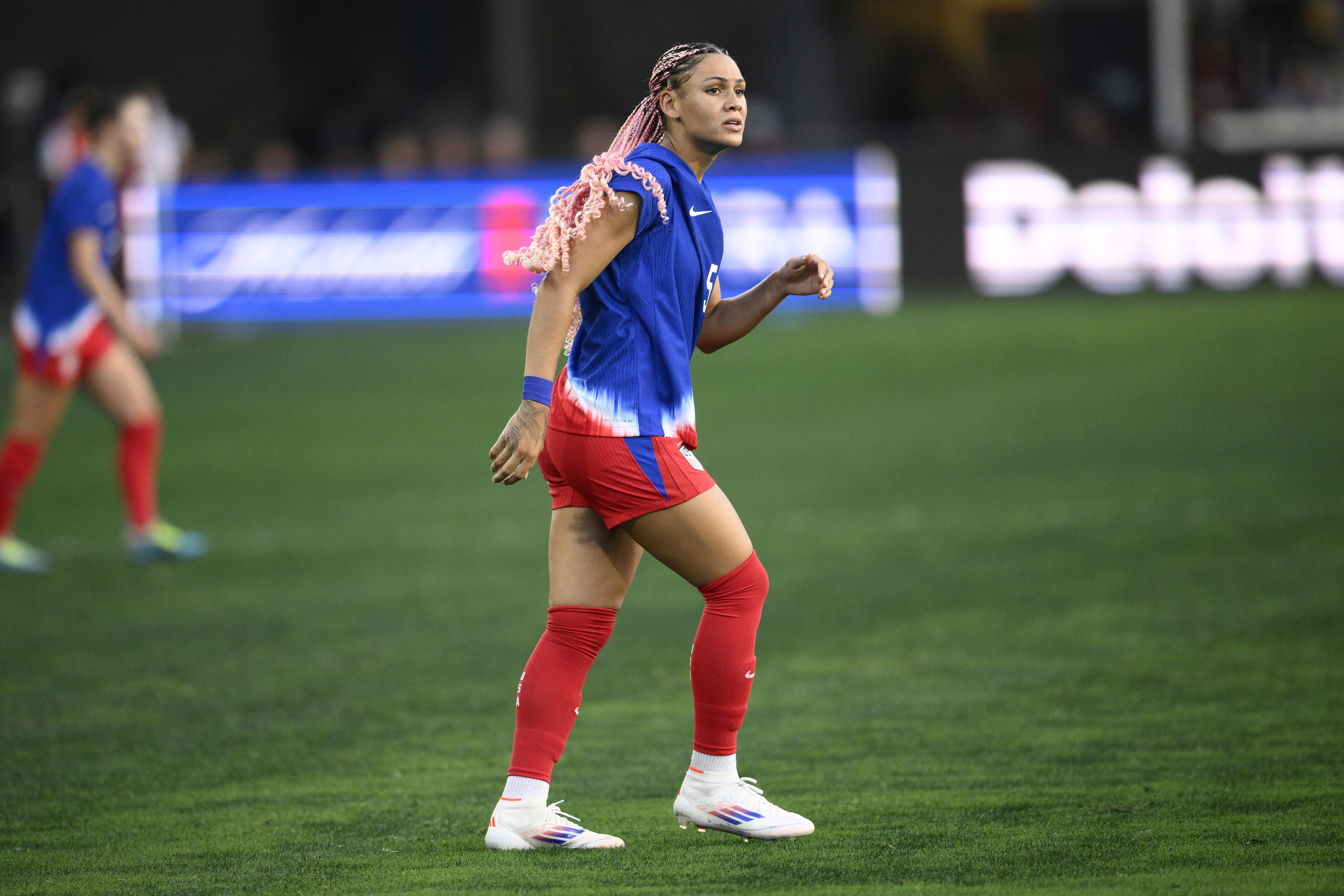 FILE - United States forward Trinity Rodman plays in the first half of an international...